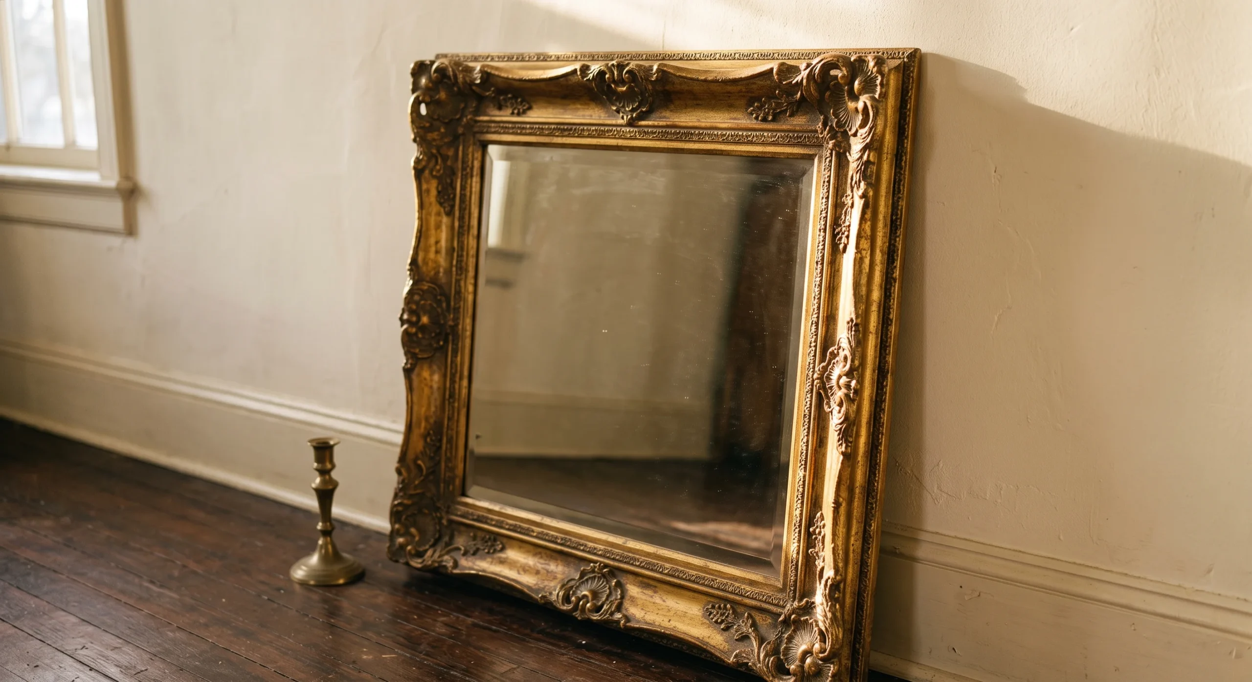 An ornate gilded mirror leaning against a soft cream wall in a sunlit room, warm afternoon light catching the frame's carved detail, close angled shot emphasizing the mirror's aged gold patina against a plain backdrop.