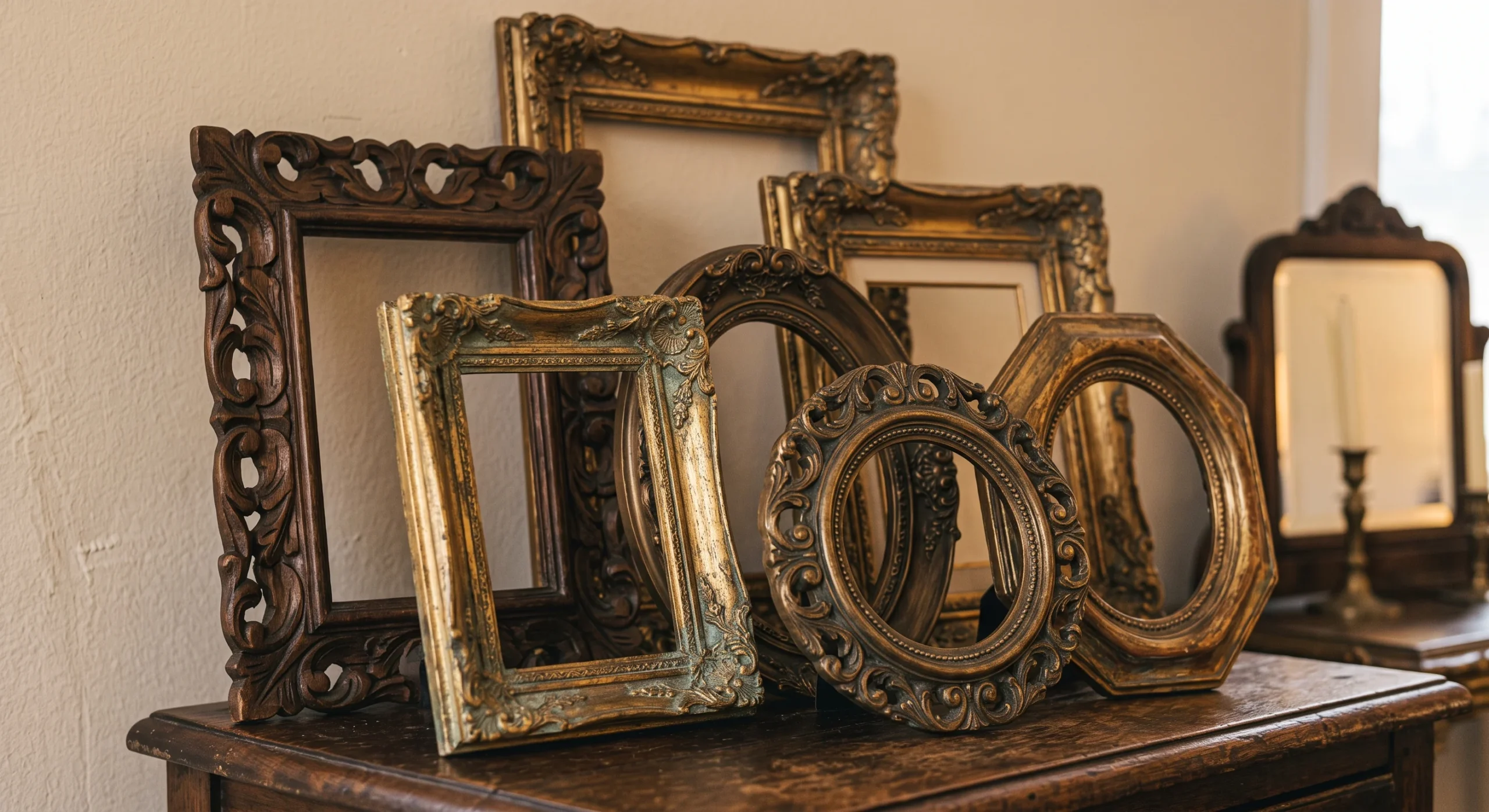 A cluster of ornate carved wood picture frames in varying sizes displayed empty against a plain wall, soft natural light emphasizing the carved detail and varied gold and wood finishes, close shot capturing the frames' texture.