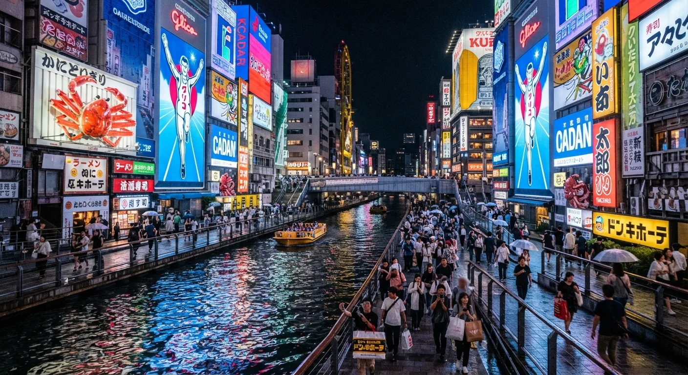 Vibrant Dotonbori canal street at night, illuminated billboard signs reflecting in the water, crowds walking along the canal-side path, neon pinks and blues dominating the color palette, wide street-level documentary shot.