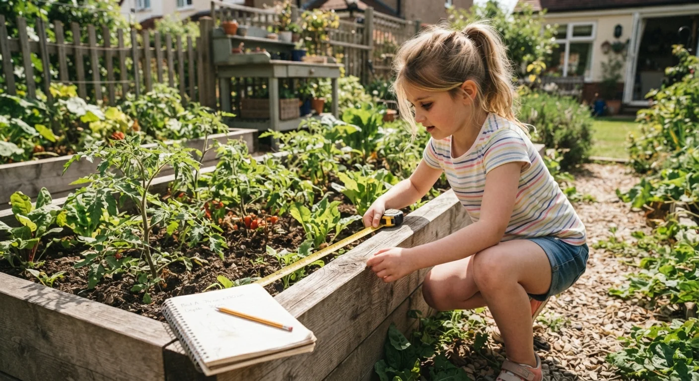 A child using a tape measure to measure a garden bed outdoors, a notebook resting nearby with jotted numbers, bright midday sun, wide shot capturing the outdoor measuring task.