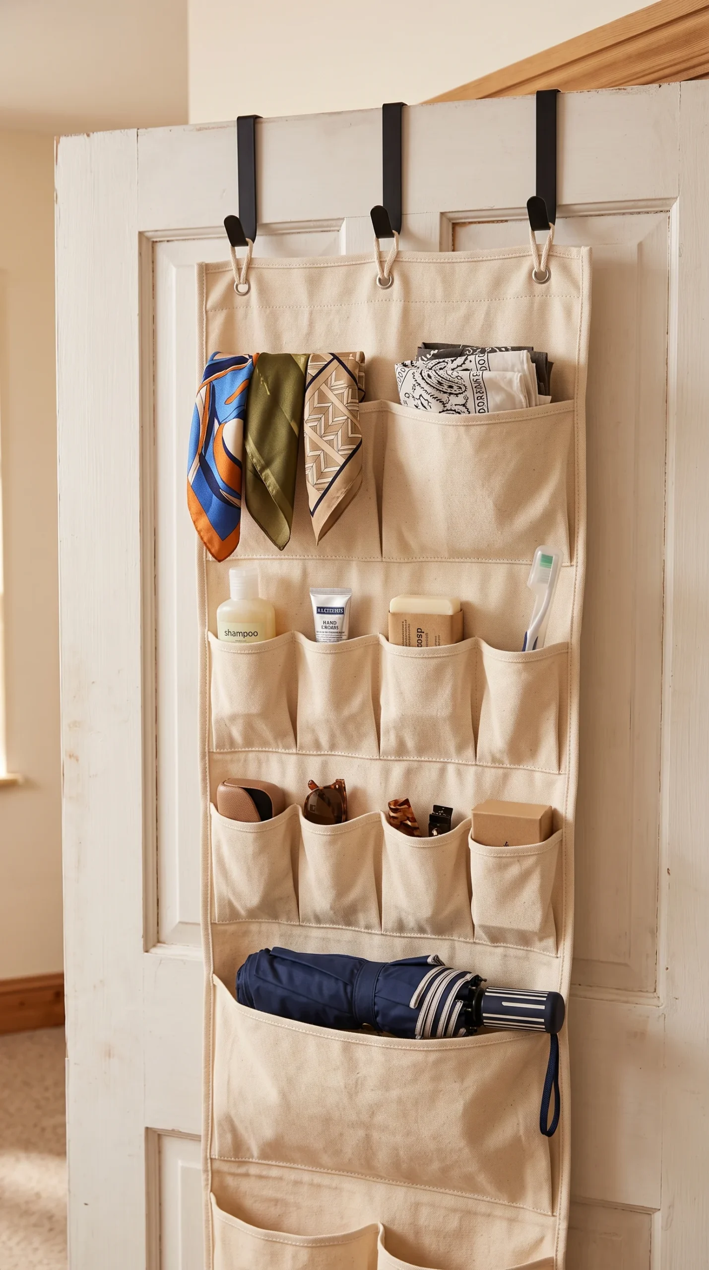 A canvas over-door organizer with multiple pockets hanging on the back of a closet door, filled with folded scarves, small toiletries, and a rolled umbrella, warm indoor light, close vertical composition emphasizing pocket detail and organization.