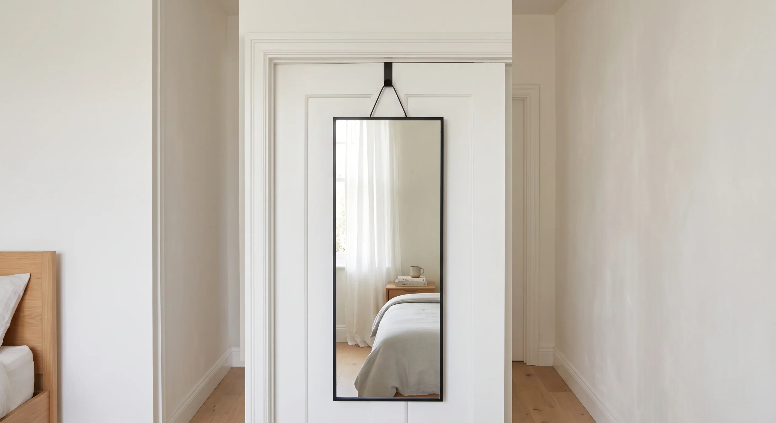 A slim black-framed mirror hanging from a bracket over a bedroom door, reflecting soft window light back into a narrow room, minimal styling, straight-on shot showing the bracket detail at the top of the door frame.