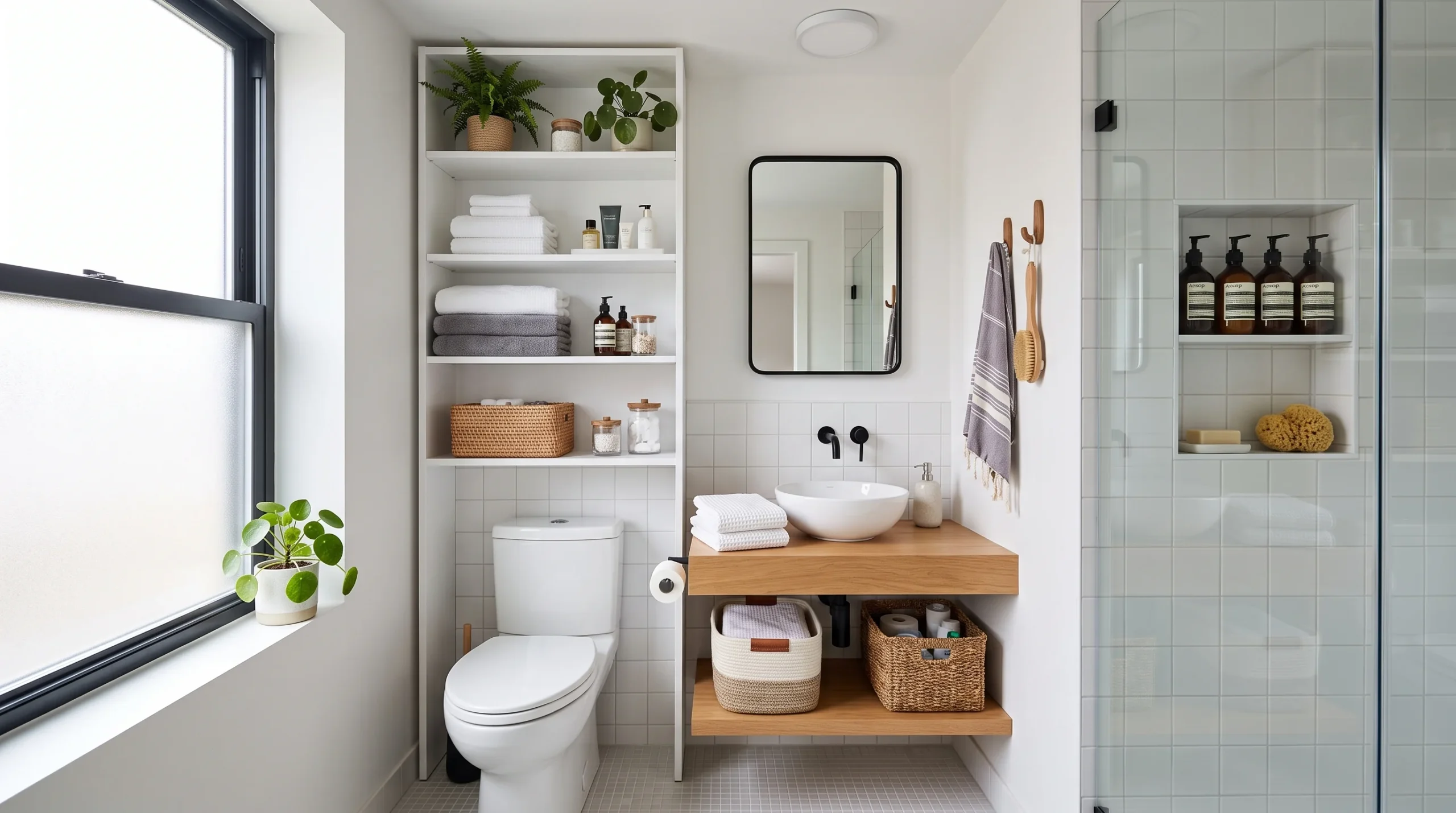 A tall white over-toilet storage unit with open shelving, styled with folded towels, a small plant, and glass jars, soft bathroom light from a frosted window, straight-on shot emphasizing the unit's full height above the toilet tank.