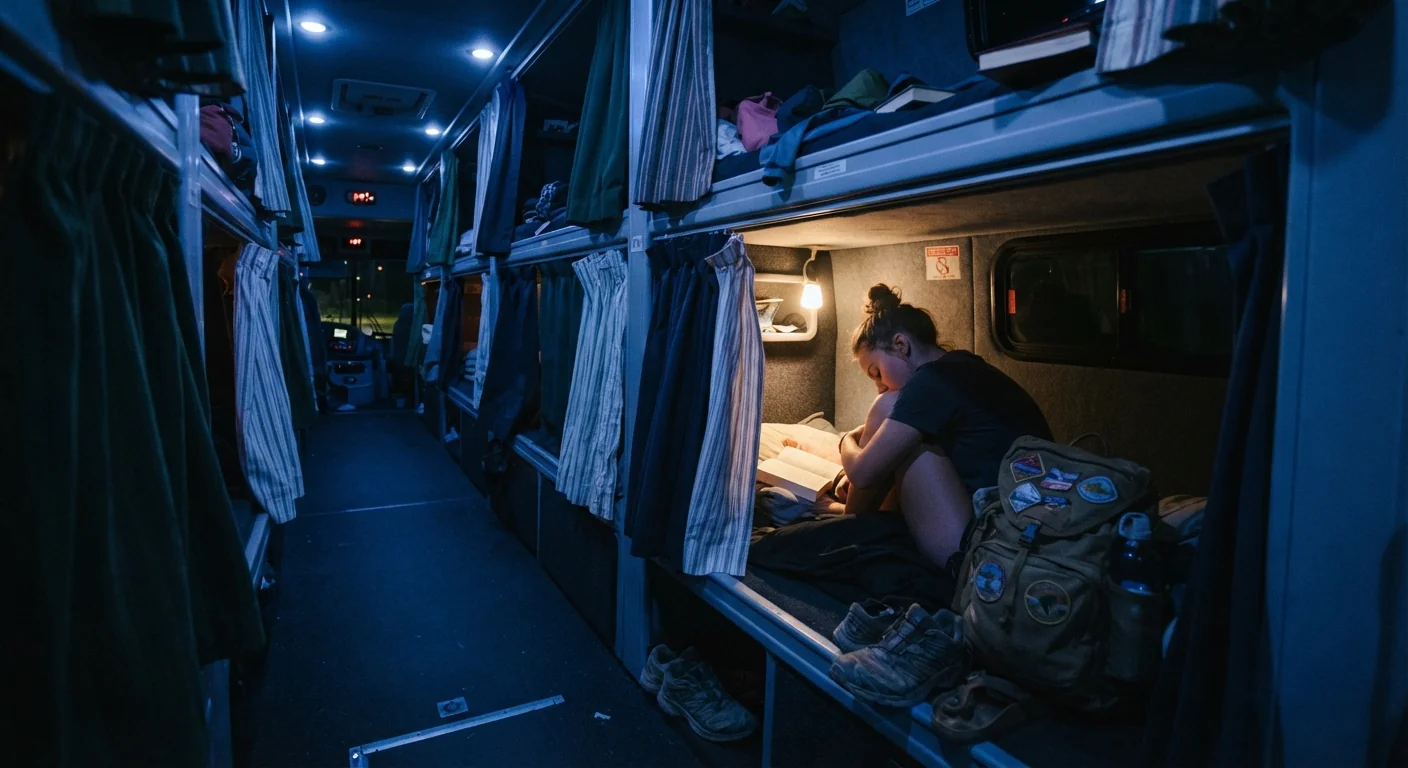 Interior shot of a sleeper bus cabin at night, rows of reclined bunk seats with curtains, a small reading light glowing, a backpacker's shoes tucked beside their bunk, dim blue ambient lighting, candid travel documentary framing.