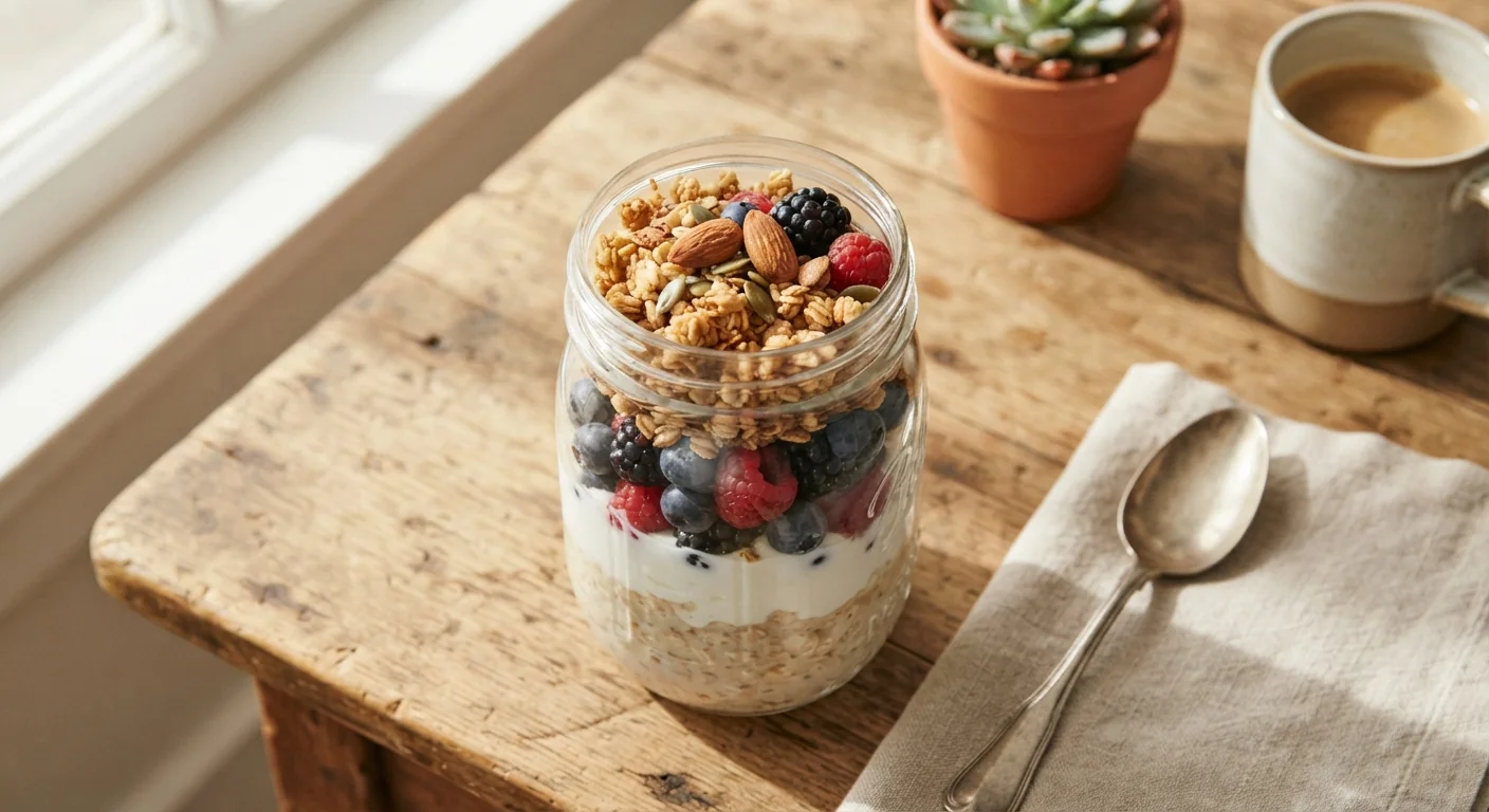 Overhead shot of a mason jar overnight oats bowl with layers of oats, yogurt, berries, and granola, morning light streaming across a wooden table, cozy simple breakfast food photography composition.