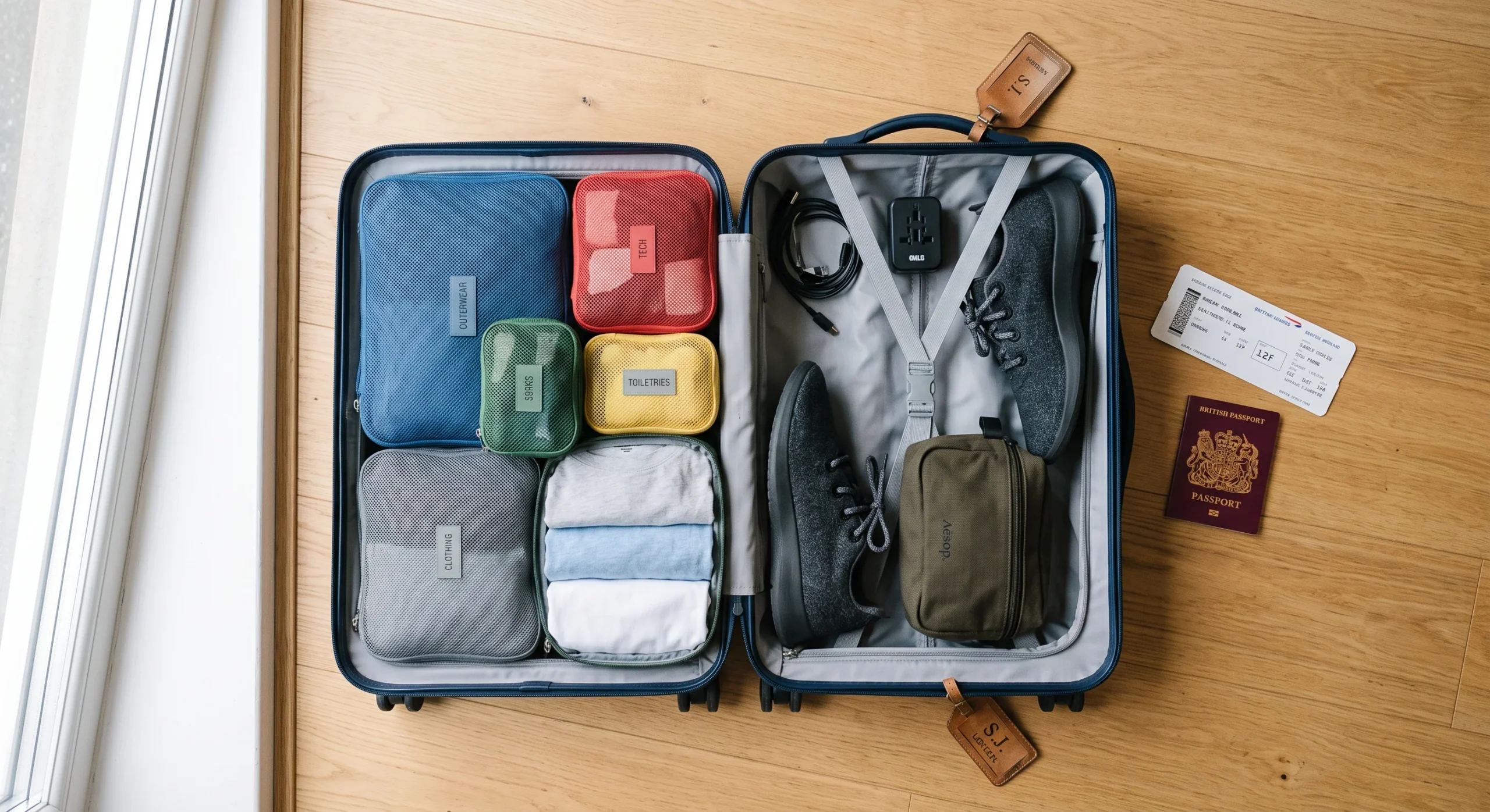 Overhead shot of an open suitcase filled with color-coded packing cubes neatly stacked, one cube unzipped to show folded shirts inside, soft natural daylight, clean organized flat-lay composition emphasizing tidiness and structure.