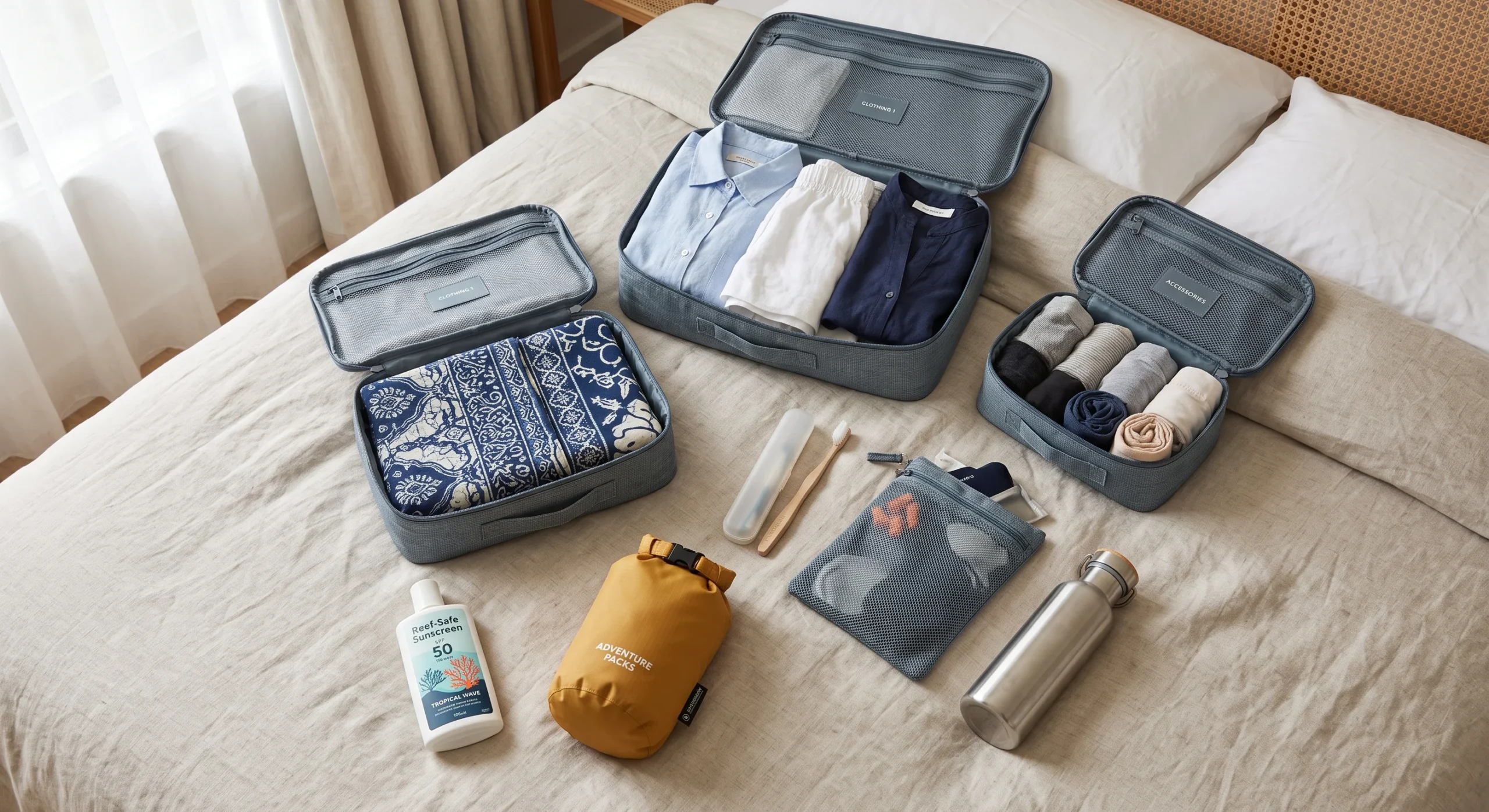 An open packing cube system laid out on a bed, lightweight linen clothing, a folded sarong, reef-safe sunscreen bottle, and a small dry bag arranged neatly, soft natural window light, organized flat-lay style composition.