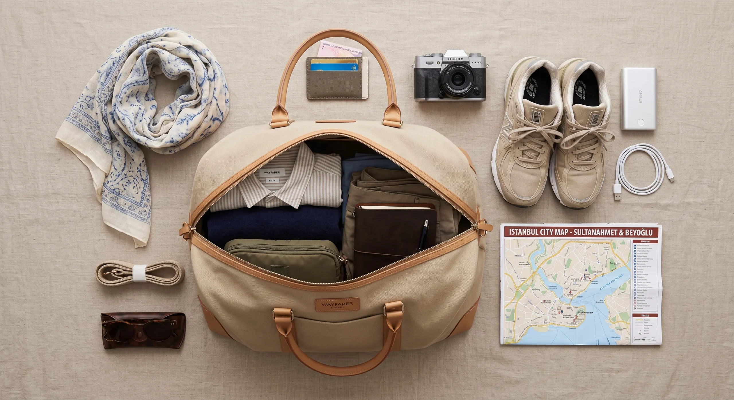 Overhead flat lay of a partially packed weekend bag with a lightweight scarf, comfortable walking shoes, a portable charger, and a small city map, neutral beige background, soft natural light, organized travel-prep composition.
