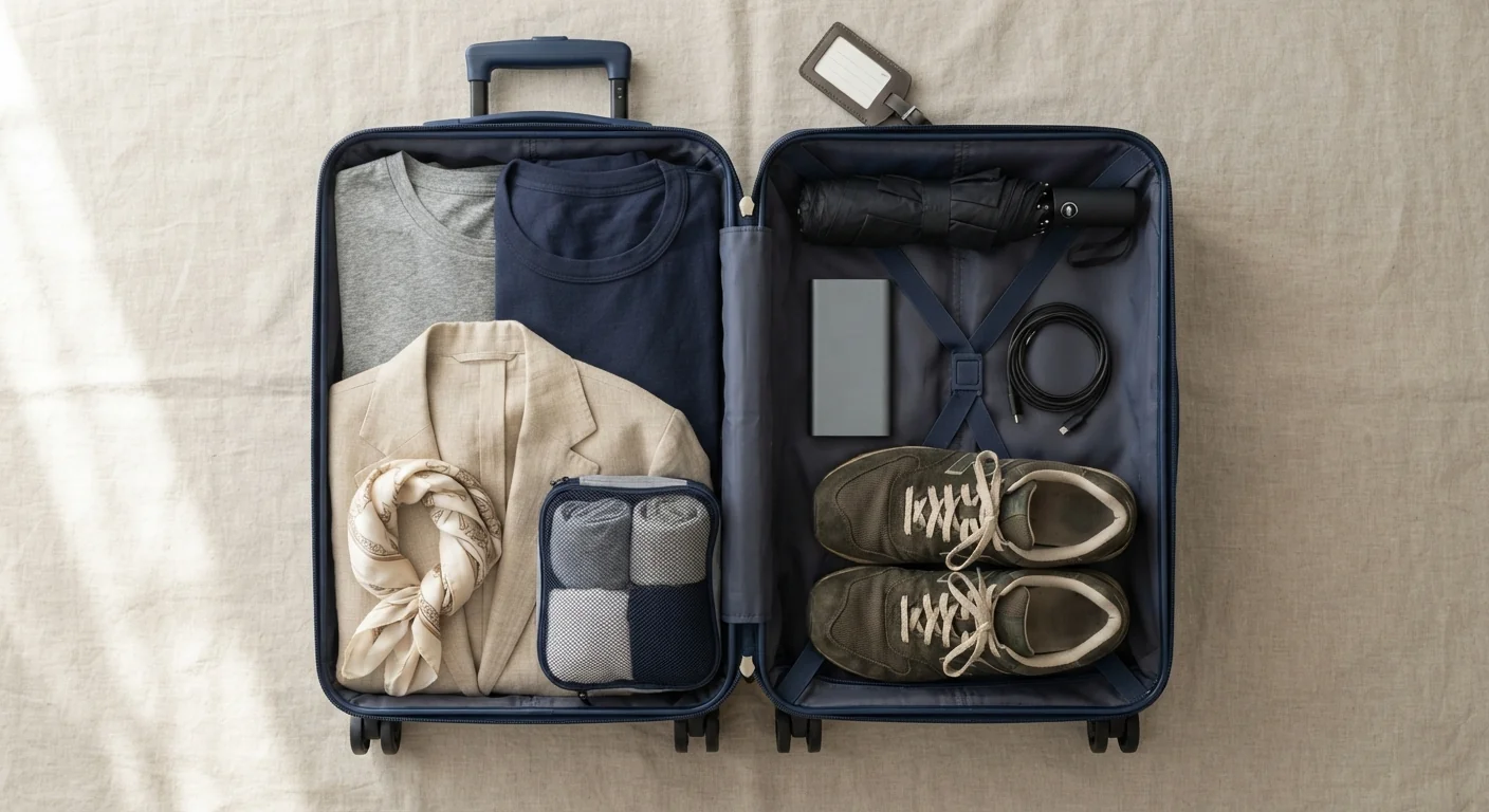 Overhead flat lay of a partially packed carry-on suitcase with folded layered clothing, a compact umbrella, portable charger, and a pair of walking shoes, neutral beige background, soft natural light, organized travel-prep composition.