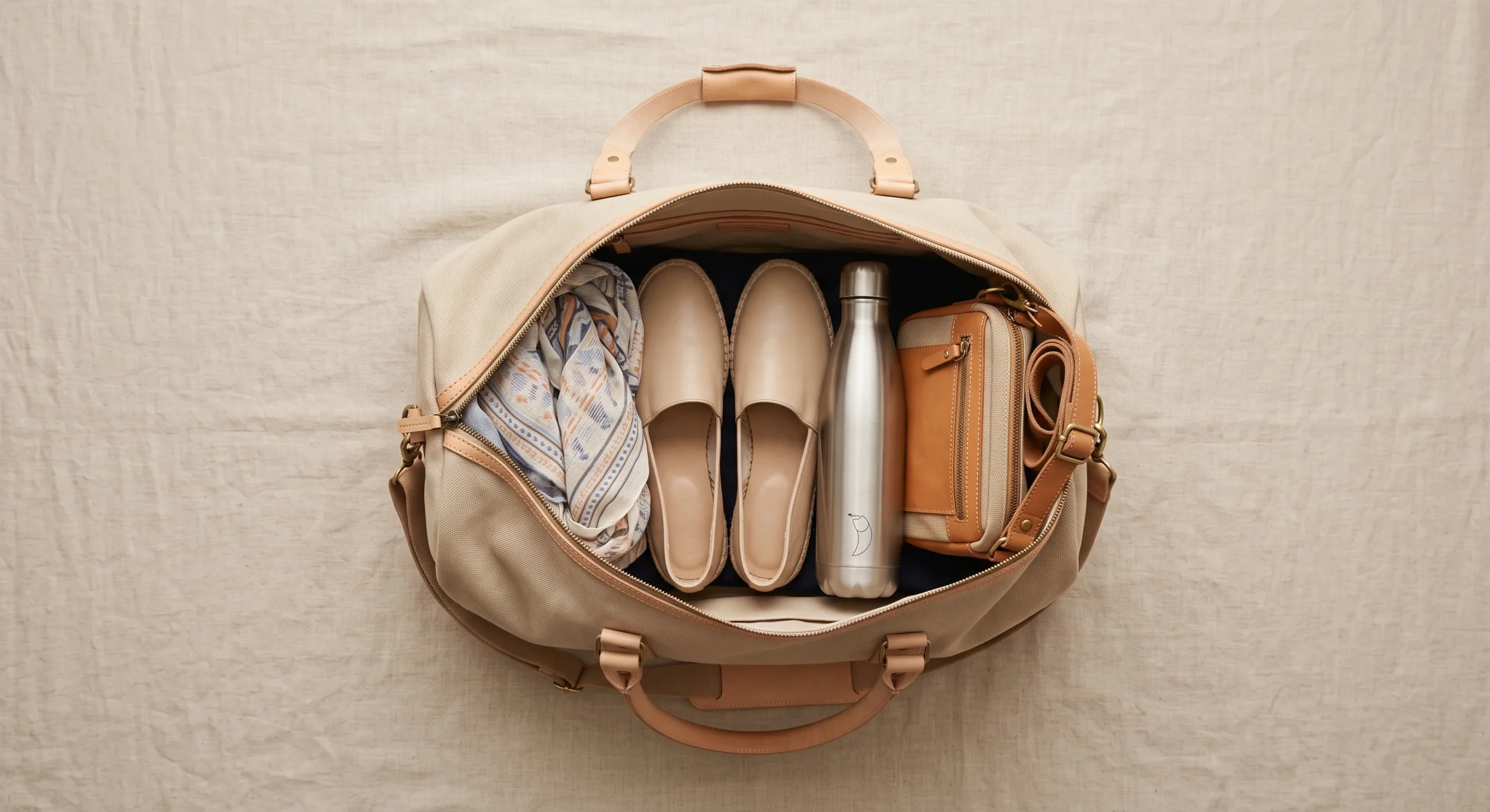 Overhead flat lay of a compact travel bag packed with a lightweight scarf, comfortable flat shoes, a reusable water bottle, and a small crossbody bag, neutral beige background, soft natural light, organized travel-prep composition.