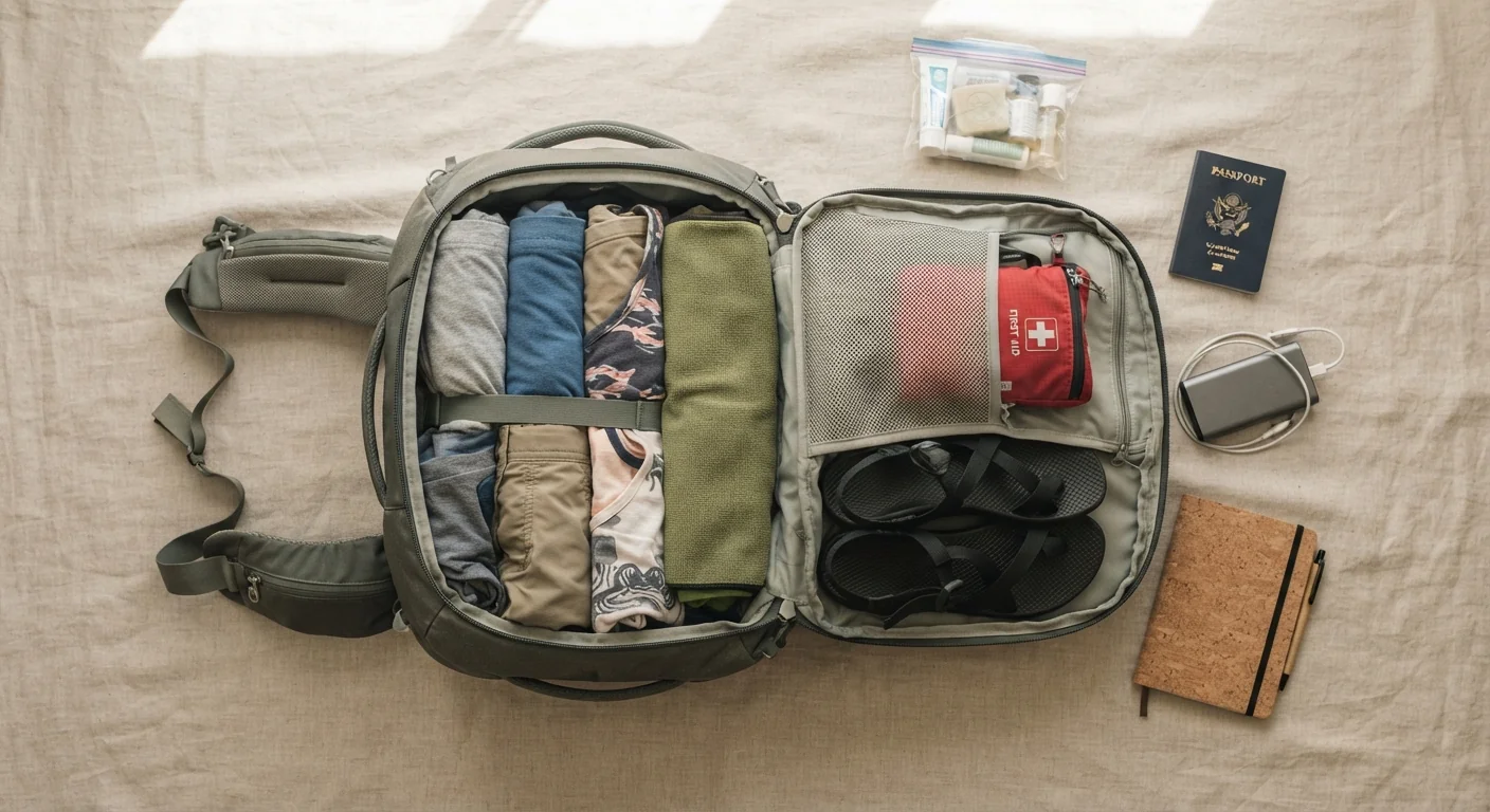 Overhead flat lay of a compact 40-liter backpack partially packed with rolled clothing, a quick-dry towel, sandals, and a small first-aid pouch, neutral beige background, soft natural light, organized travel-prep composition.