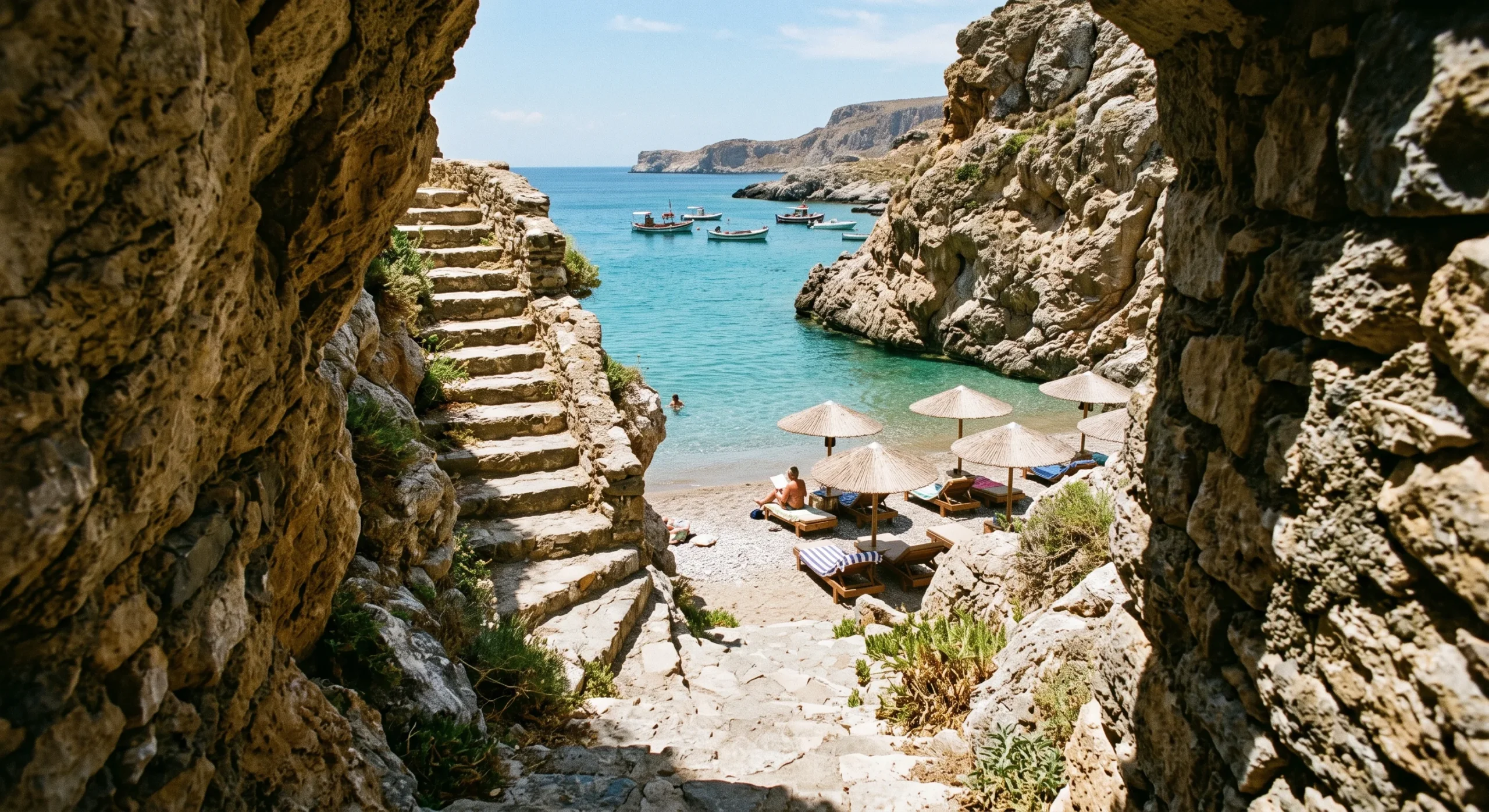 A narrow stone staircase carved through rock leading down to a small sheltered cove beach, turquoise calm water, a few sun umbrellas near the shoreline, midday light, framed composition emphasizing the hidden, tucked-away entrance.