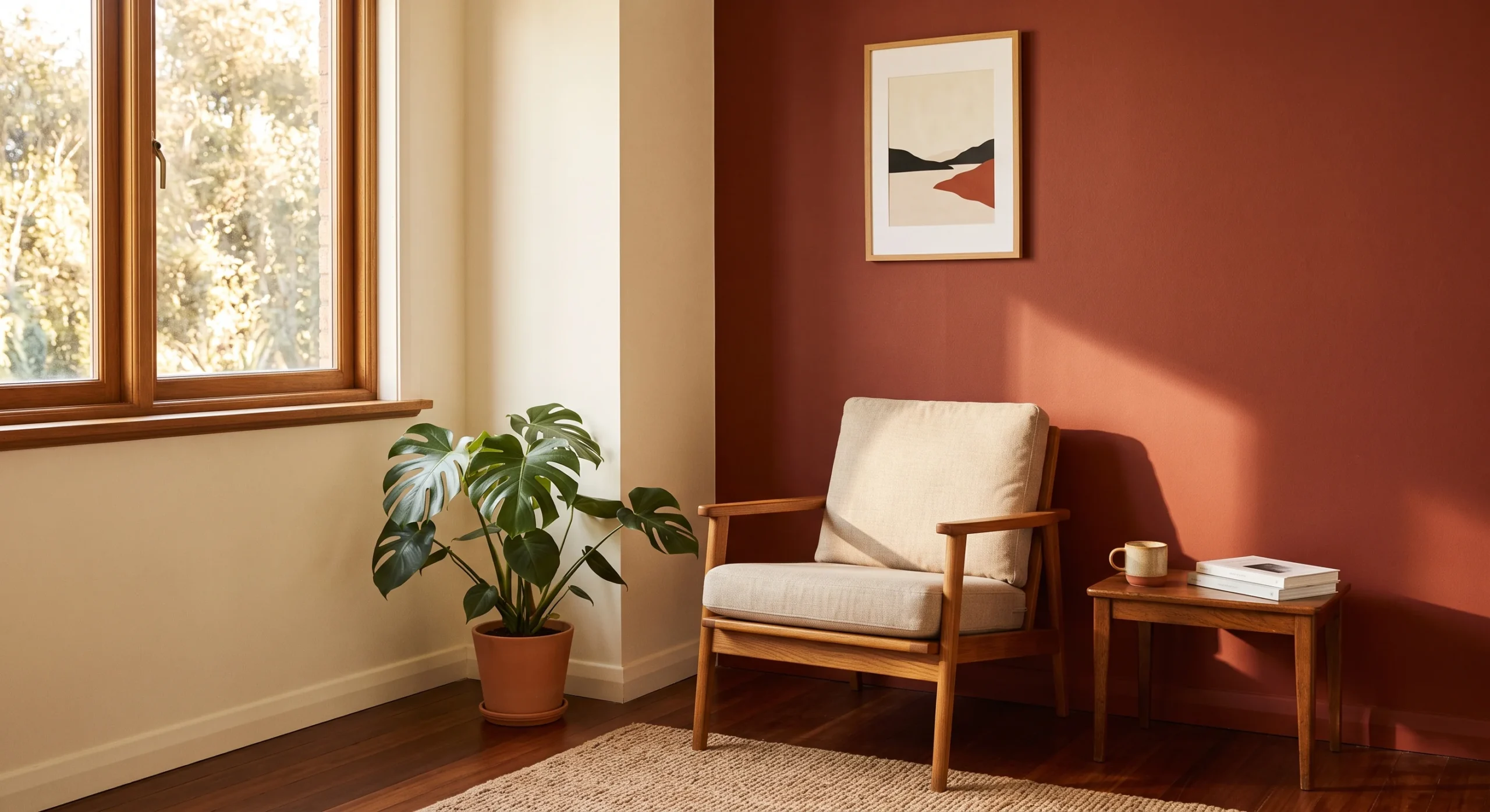 A living room corner with one wall painted in deep terracotta meeting a cream wall, a small wooden armchair positioned against the painted section, warm afternoon light casting a soft shadow, minimal styling, slightly angled eye-level camera perspective.