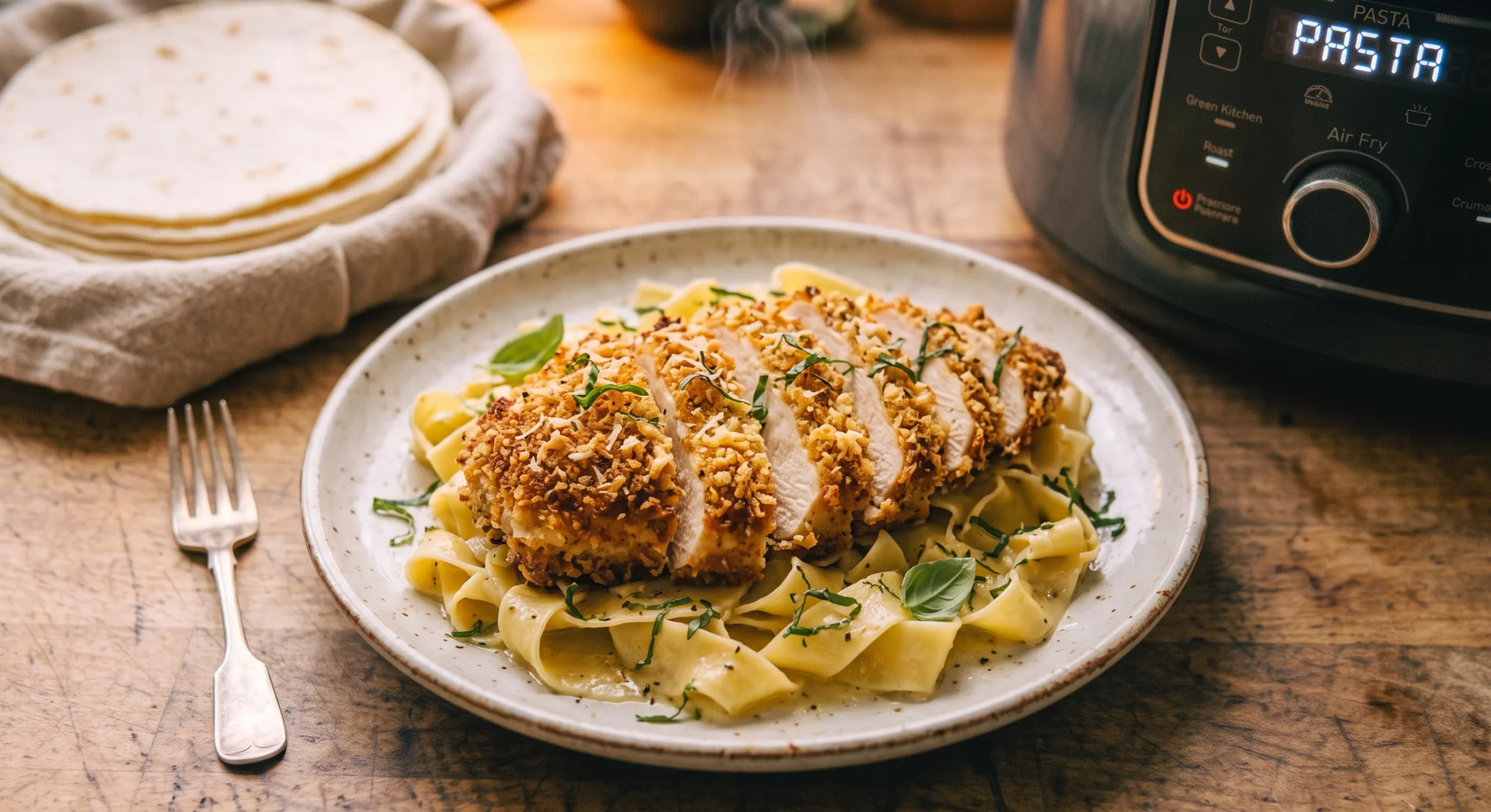A sliced chicken breast with a golden parmesan crust fanned out on a plate over pasta, warm natural light, a light dusting of fresh basil, close appetizing composition emphasizing the crispy crust texture.