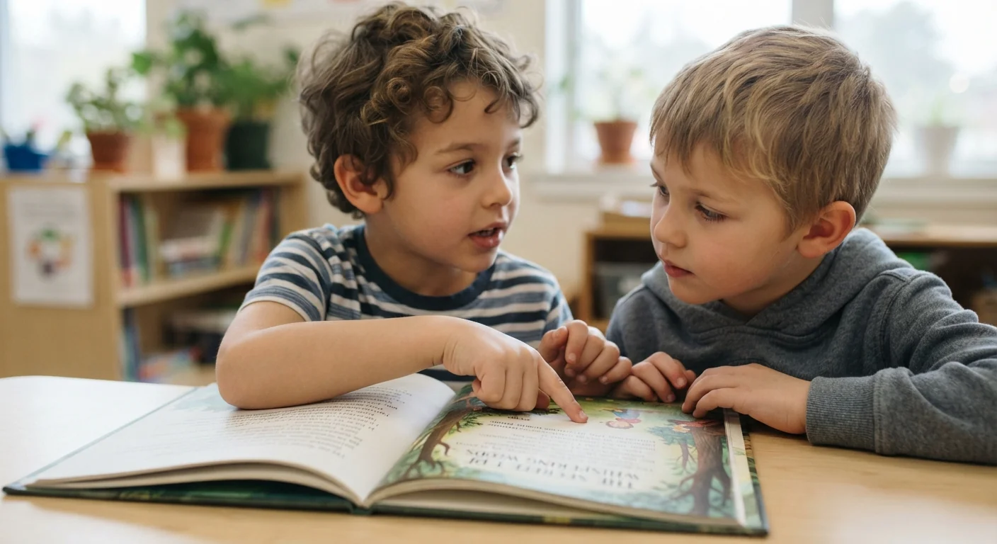 Two children sharing one open book, one pointing to a passage as they talk about it