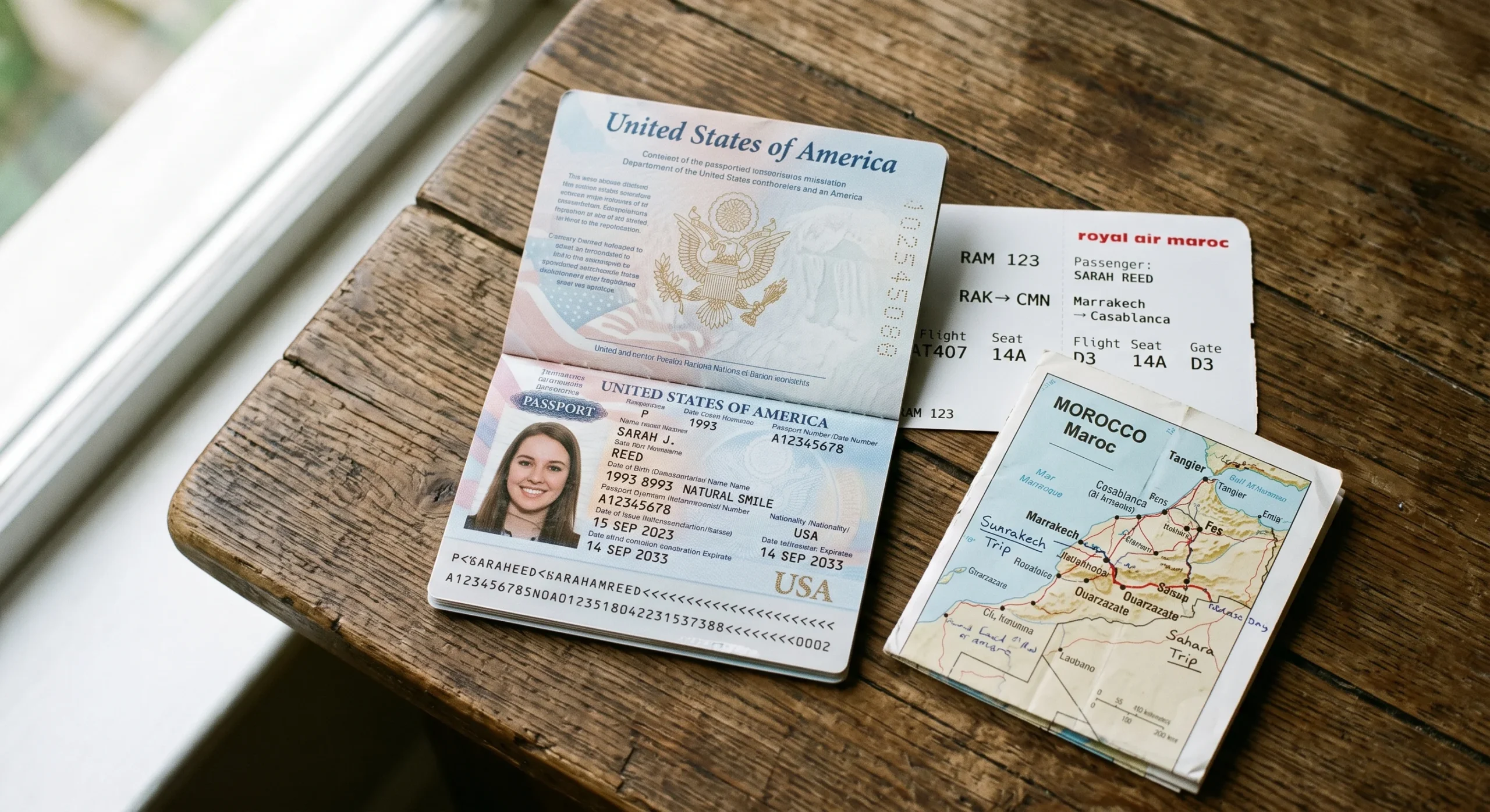 Close-up flat lay of a passport open to the photo page resting on a wooden table beside a boarding pass and a small paper map of Morocco, soft natural window light, neutral editorial travel-prep composition.