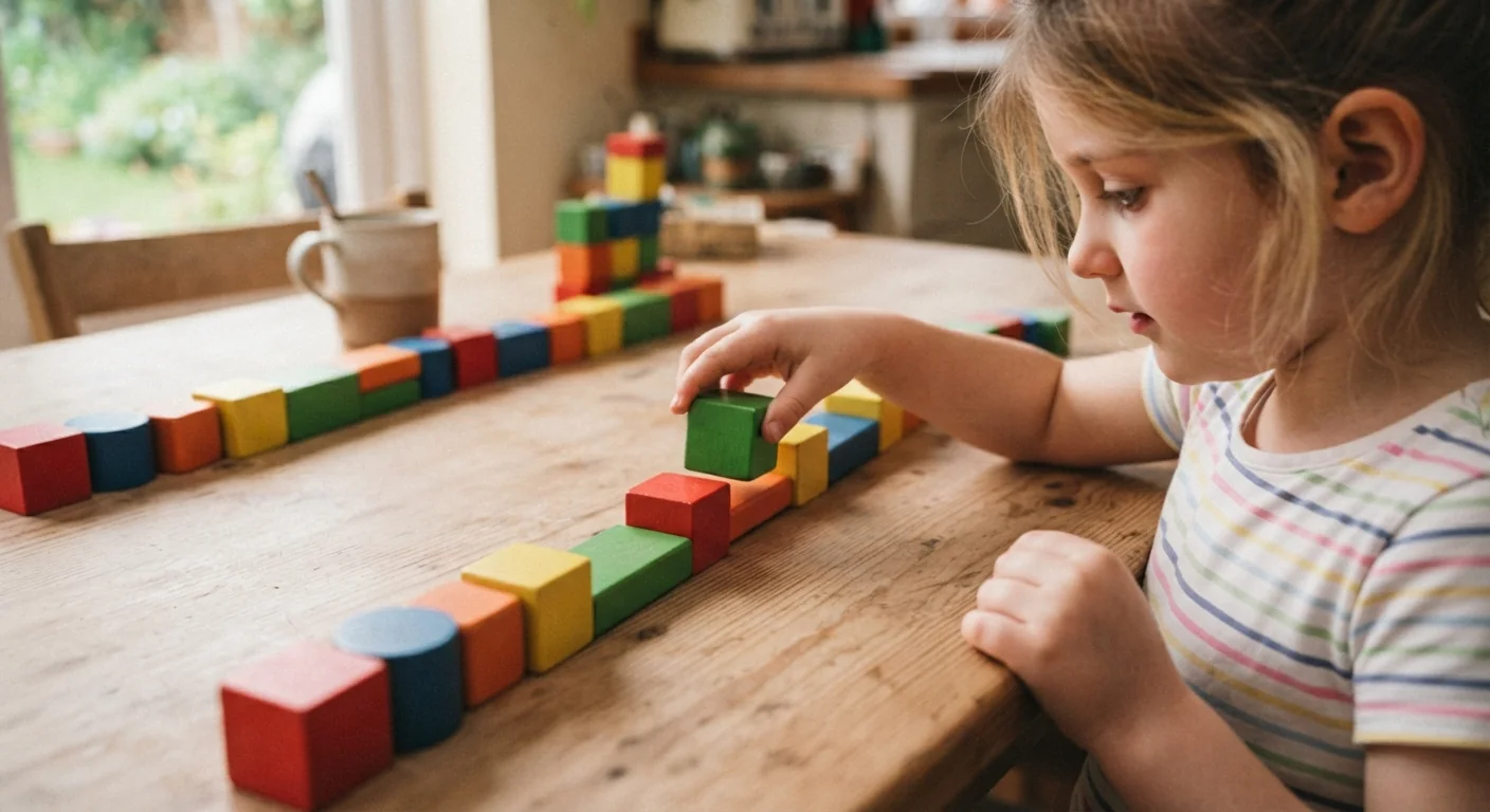 A colorful sequence of building blocks arranged in a repeating pattern on a table, a child adding the next piece, natural light, close three-quarter angle showing the pattern clearly.