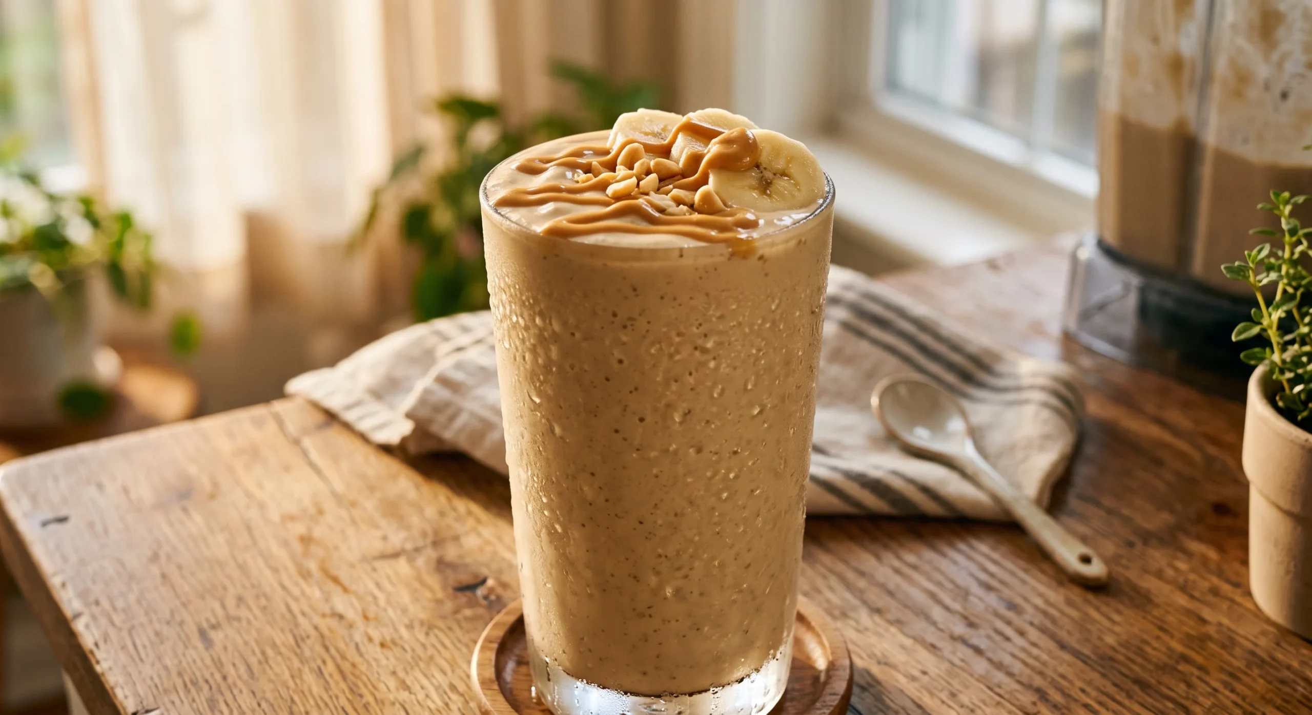 A tall glass of thick peanut butter protein smoothie topped with a drizzle of peanut butter and banana slices, warm morning light, condensation on the glass, close inviting composition.