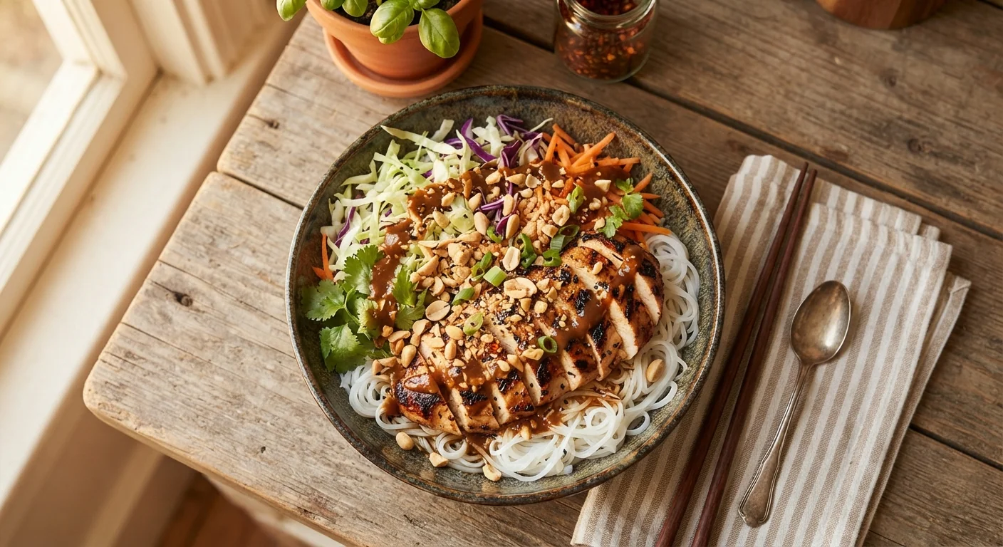 Overhead shot of a peanut chicken meal prep bowl with grilled chicken, rice noodles, shredded cabbage, and a rich peanut sauce drizzle, crushed peanuts on top, warm natural light, homestyle Asian-inspired food photography.