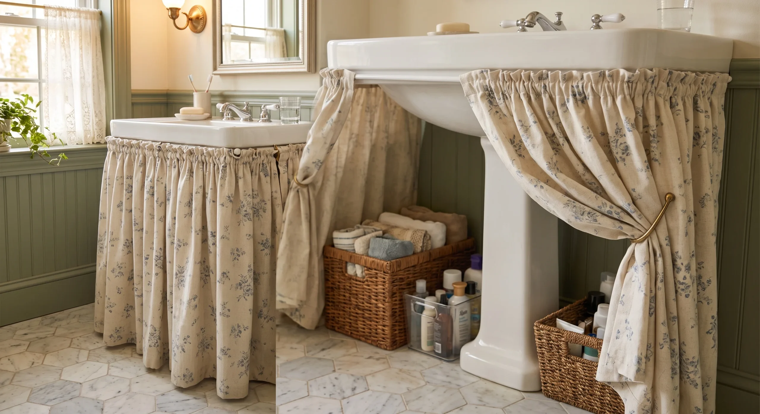 A pedestal sink fitted with a fabric skirt concealing hidden storage baskets beneath, warm bathroom light, close angled shot showing the skirt slightly pulled back to reveal organized bins tucked underneath.