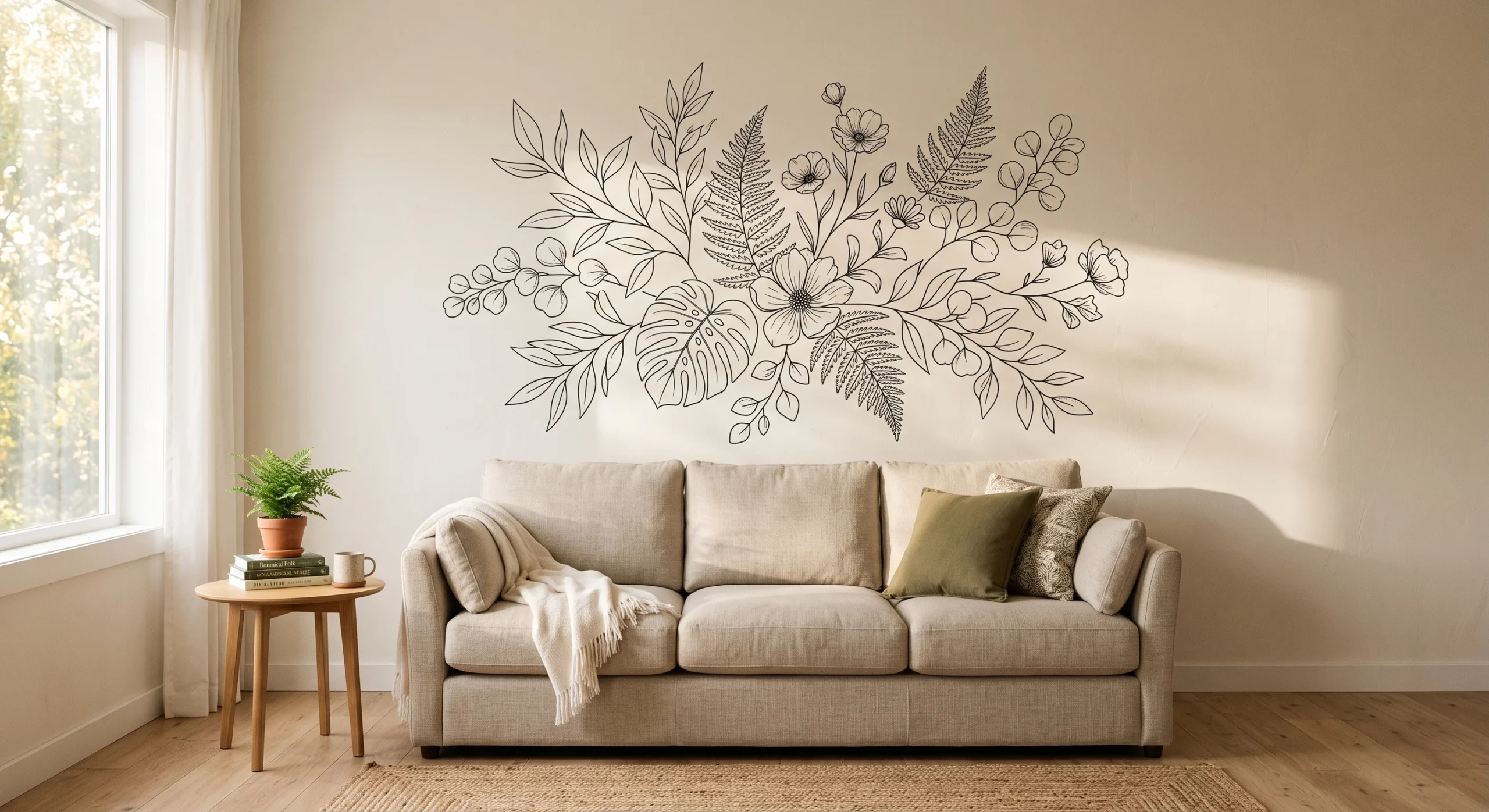A single large botanical line-art decal positioned above a sofa on a plain cream wall, soft afternoon light casting a gentle shadow, minimal styling with one small side table, medium wide shot showing the decal's full scale against the wall.