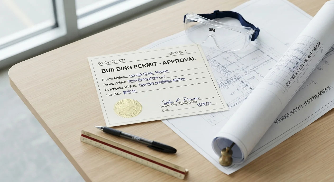 Close-up flat lay of a building permit document resting on a rolled architectural blueprint, a pen and safety glasses nearby, soft office lighting, clean administrative documentation photography style.