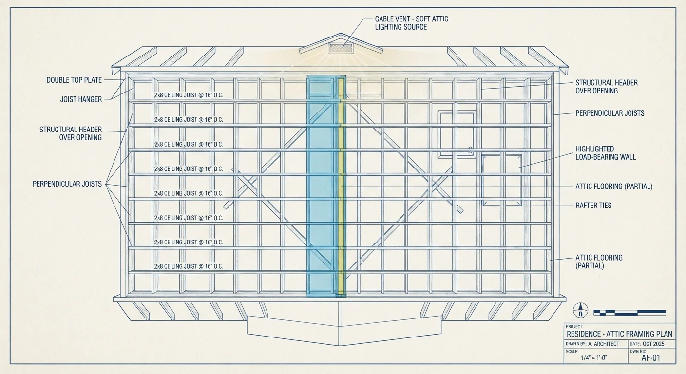 Overhead architectural diagram of an attic space showing parallel ceiling joists running perpendicular across a highlighted interior wall below, exposed wood framing, soft attic lighting through a small vent, technical blueprint-style illustration.