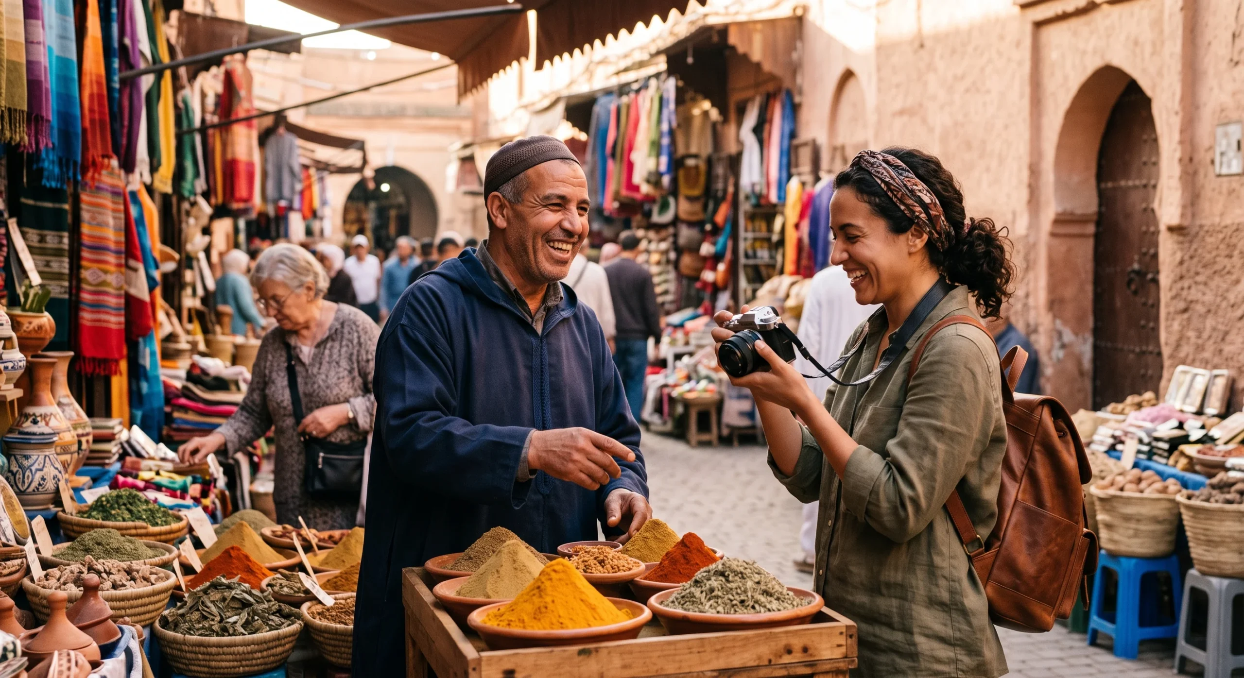 Candid street photography scene of a Moroccan market vendor smiling and gesturing while a traveler holds up a camera, warm natural light, respectful and friendly interaction, documentary street photography composition.