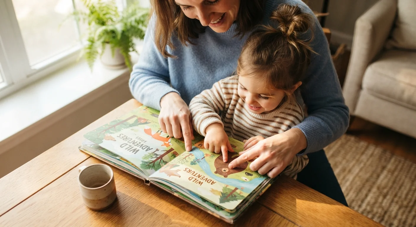 Parent and young child turning the pages of a picture book together and pointing at the pictures