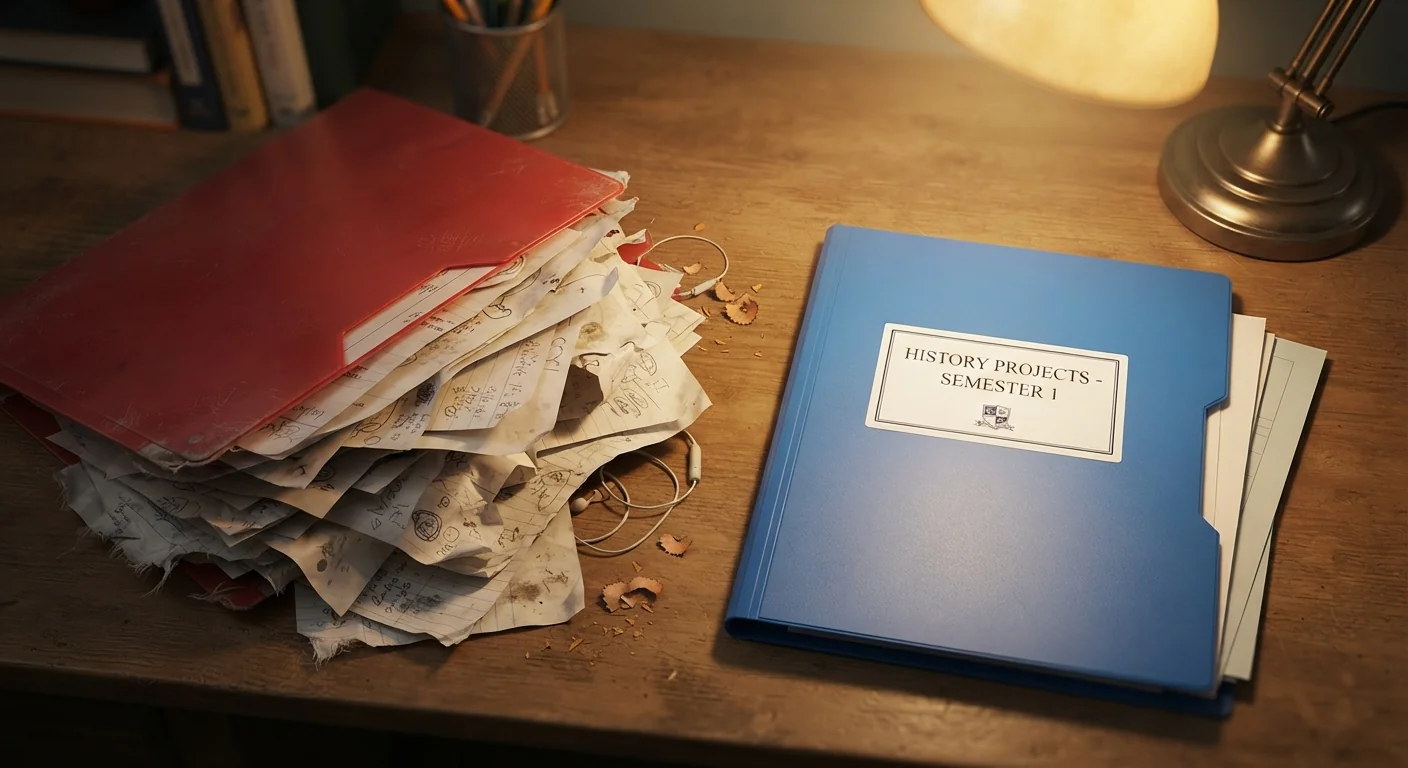 A cluttered school folder with loose, crumpled papers spilling out beside a neat, labeled folder for comparison, warm desk lamp light, close overhead shot contrasting the messy folder against the organized one.