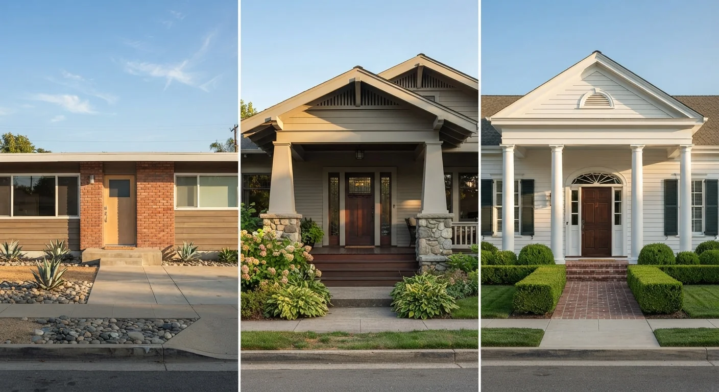 Side-by-side comparison shot of three distinct front porches: a minimal or absent ranch entry stoop, a deep Craftsman porch with tapered columns on stone piers, and a formal Colonial portico with slim classical columns, warm natural afternoon light, clean architectural documentary composition.