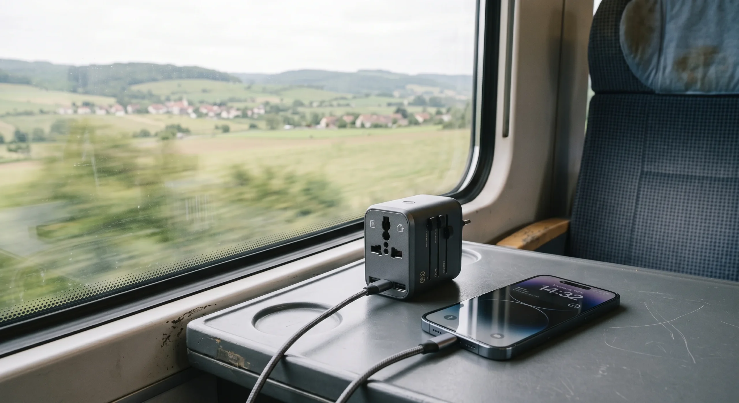 A portable power bank charging a smartphone on a train seat tray table, blurred European countryside visible through the window, soft daylight, candid in-transit photography angle capturing motion and travel context.