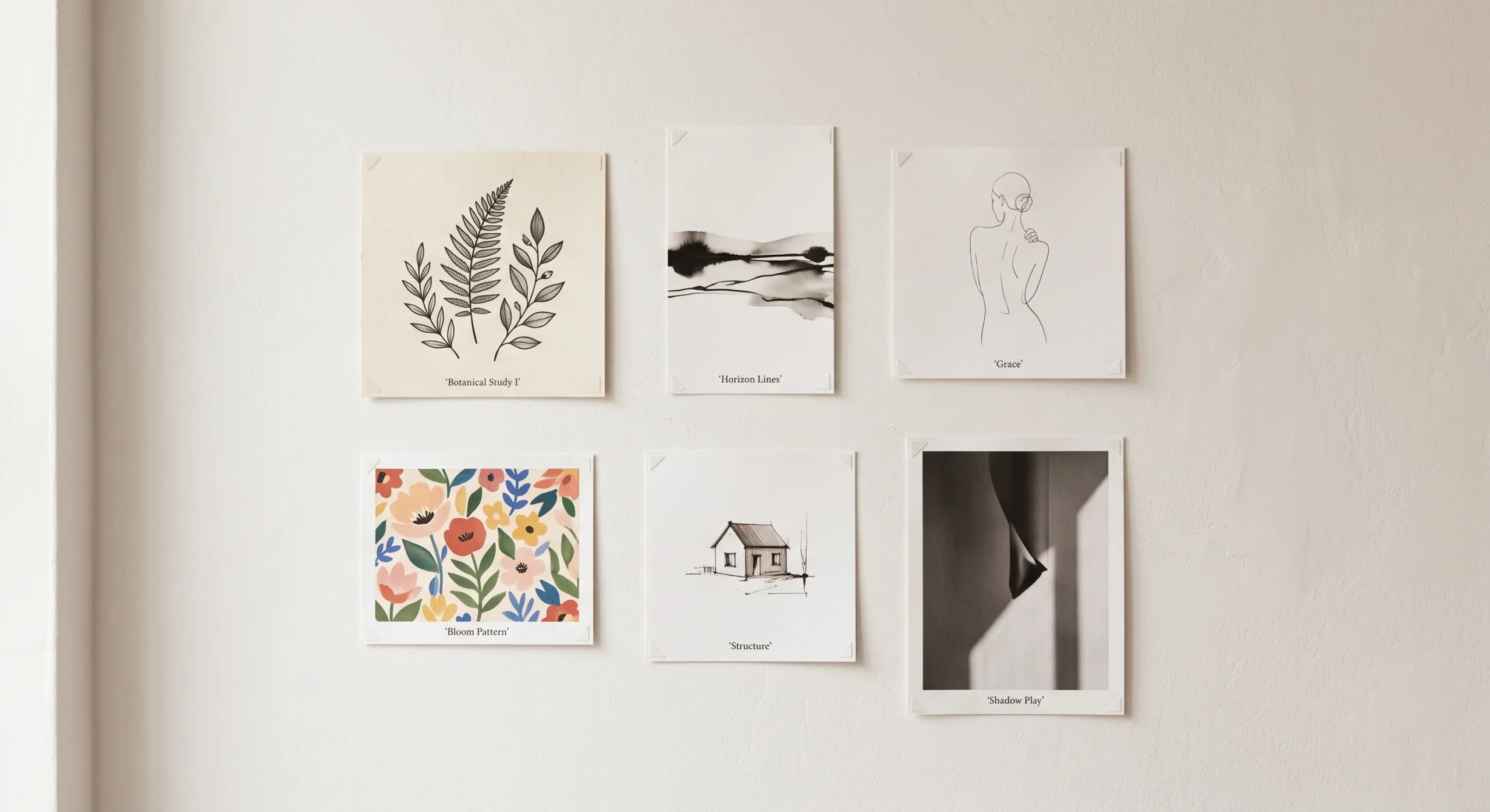 A collection of small paper art prints mounted flat against a pale wall with poster putty at each corner, natural daylight, close shot showing the prints lying perfectly flat with no curling edges visible.
