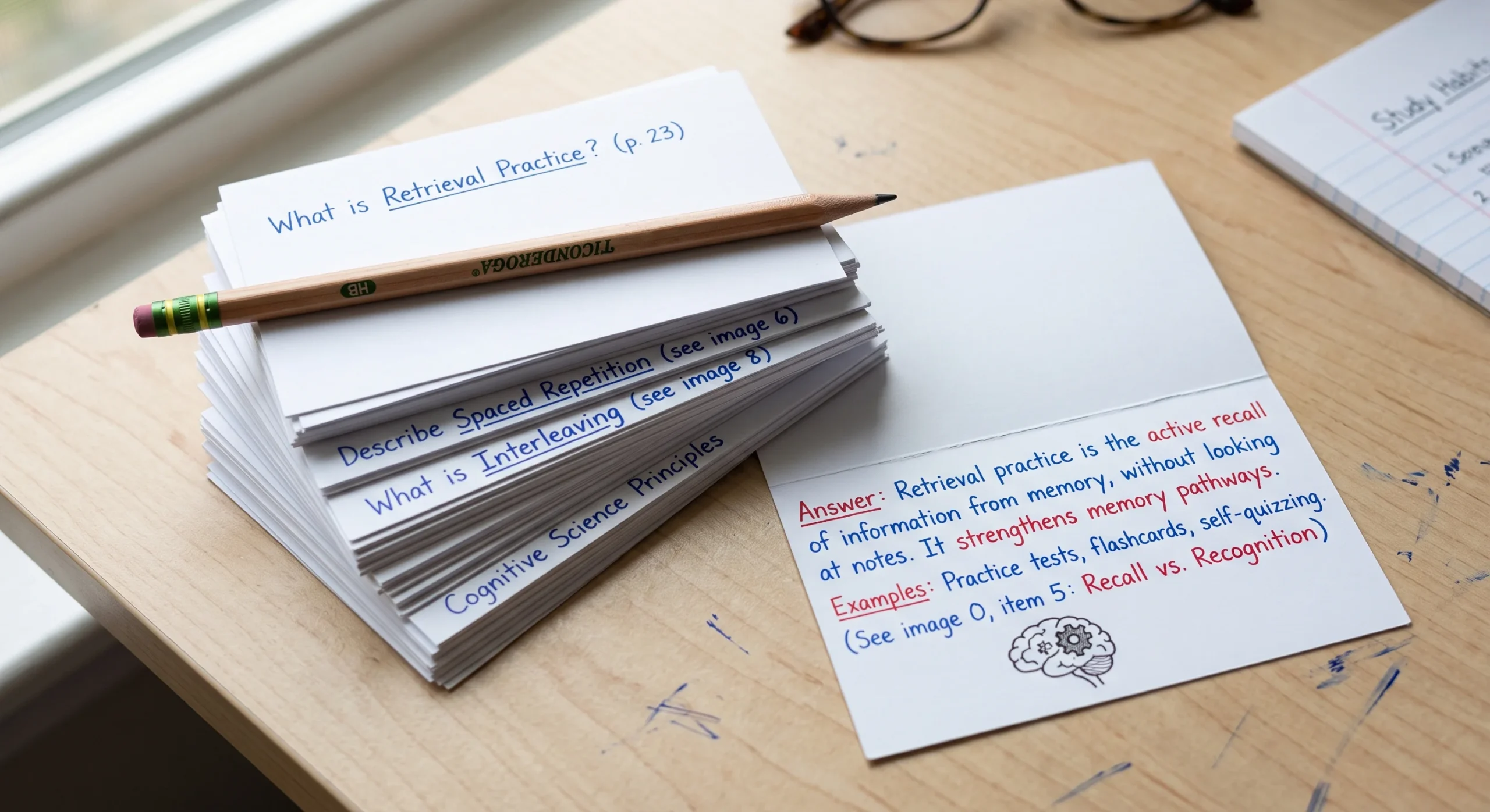 A stack of self-made quiz cards with a pencil resting on top, one card flipped to show a written answer, soft natural light, close overhead shot emphasizing the handwritten questions and answers.