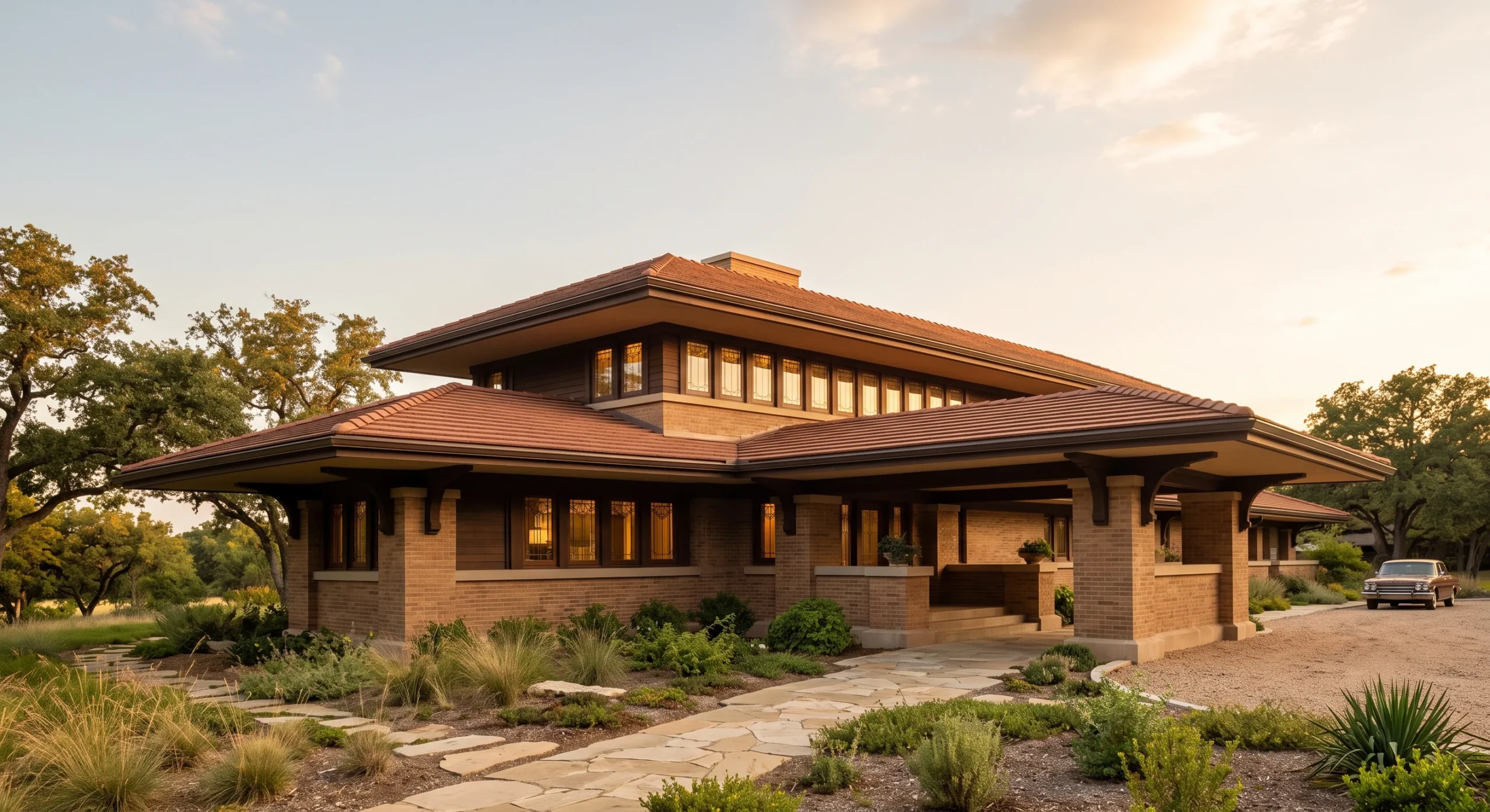 A Prairie-style home with strong horizontal massing, a low-pitched hipped roof with wide overhanging eaves, ribbon windows in a horizontal band, warm earth-toned brick, soft afternoon light, wide low-angle shot emphasizing the horizontal roofline.