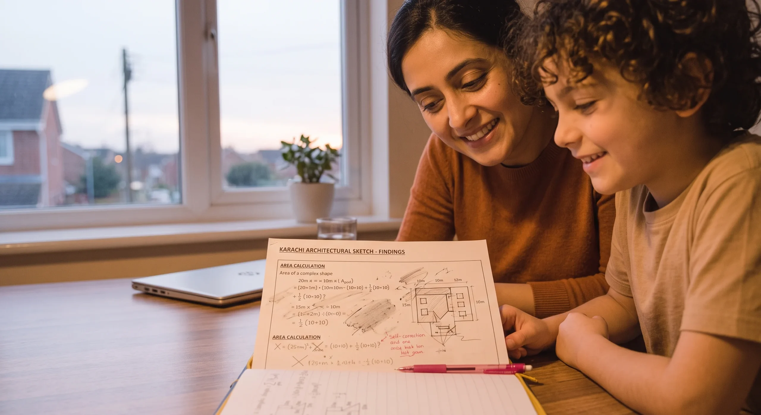 A parent and child looking together at a finished worksheet with visible eraser marks and corrections, both smiling, warm evening light, close shot emphasizing the genuine, unpolished finished work being reviewed together.