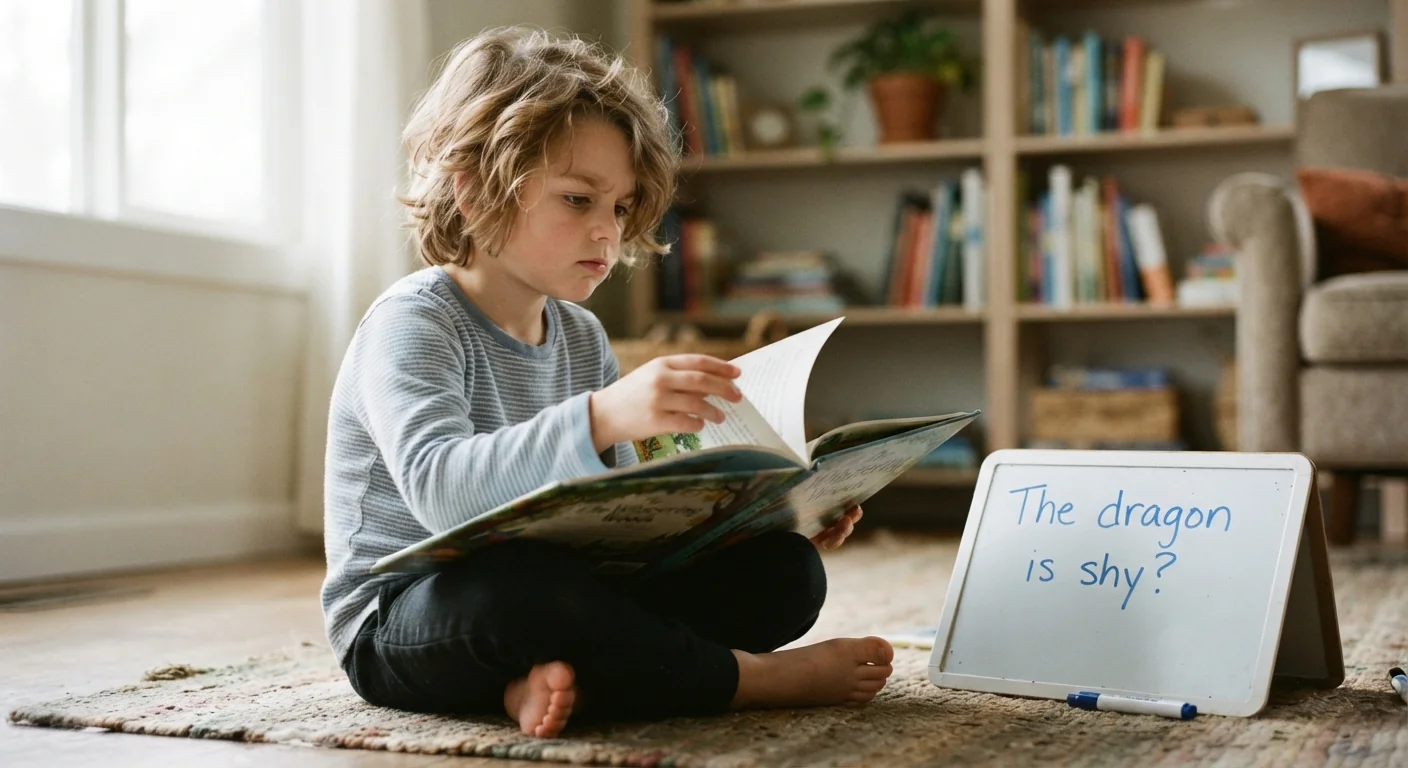 Child sitting cross-legged with an open book, next to a small whiteboard with a handwritten guess