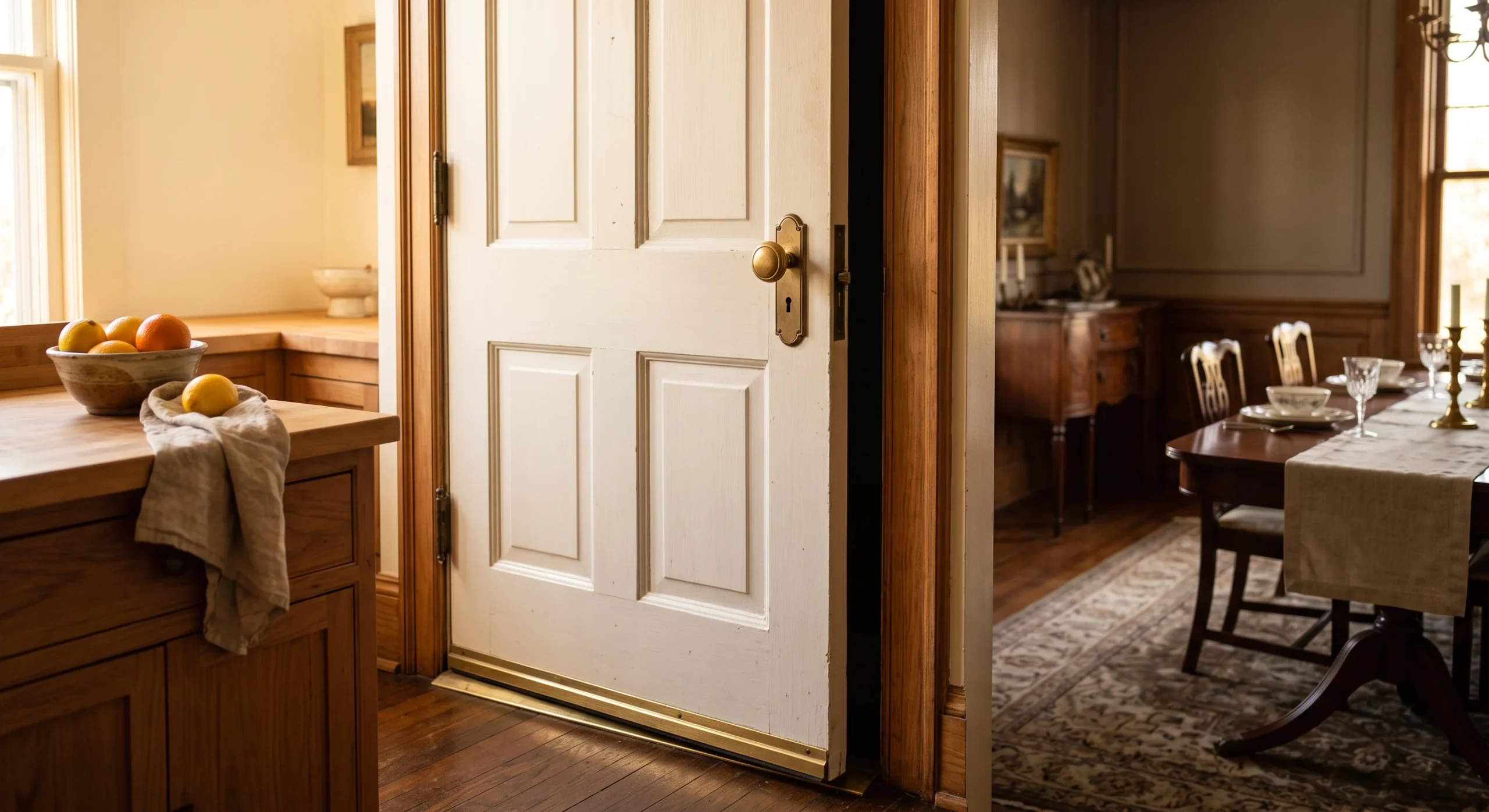 A close shot of a solid interior door partially closed between a traditional dining room and kitchen, muffling sound and sightlines, warm afternoon light, angled composition emphasizing the door's role as an acoustic and visual barrier.