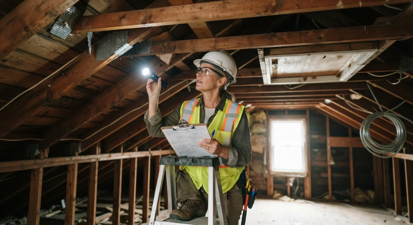 Documentary shot of a structural engineer examining exposed ceiling framing with a flashlight and clipboard, taking notes during a home inspection, natural daylight, professional and methodical inspection photography composition.