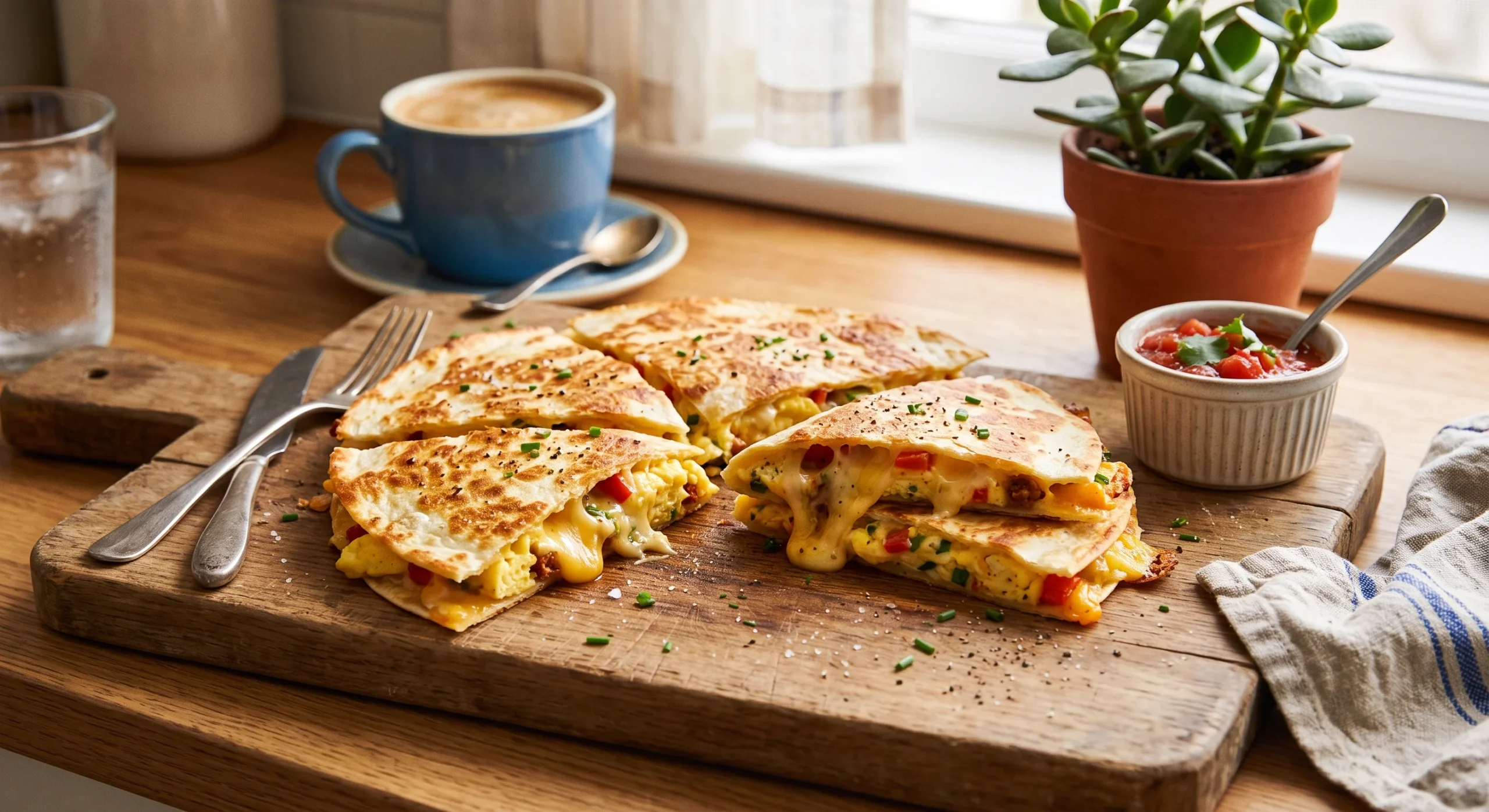 A crisped golden tortilla quesadilla cut into wedges revealing melted cheese and scrambled egg filling, warm casual kitchen light, close appetizing composition on a wooden board.