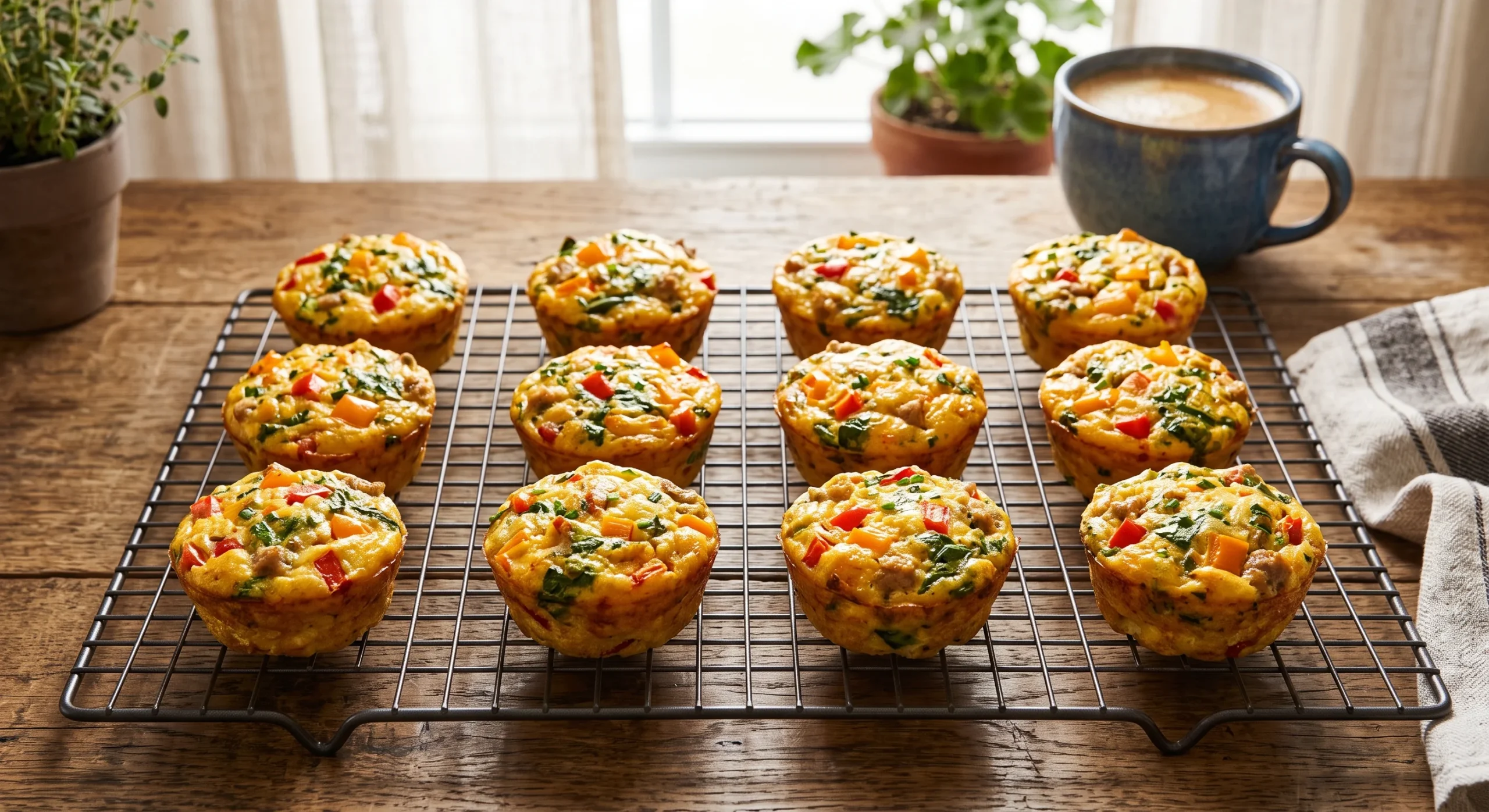 A dozen golden egg muffins studded with diced peppers and spinach cooling on a wire rack, warm morning kitchen light, a coffee mug softly blurred in the background, close homey overhead composition.