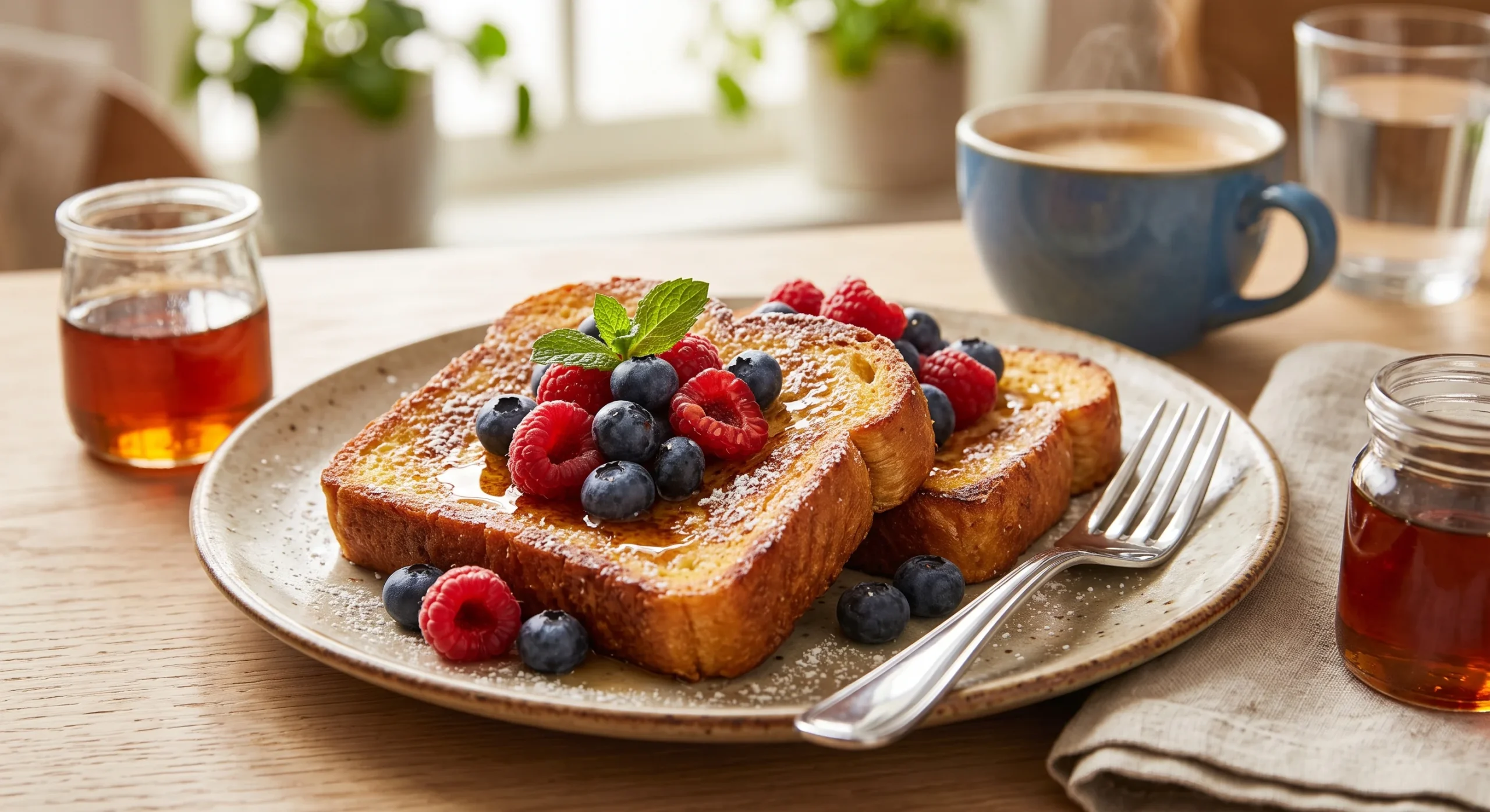 Golden slices of French toast topped with fresh berries and a light dusting of powdered sugar, warm morning light, a fork resting on the plate, close appetizing breakfast composition.