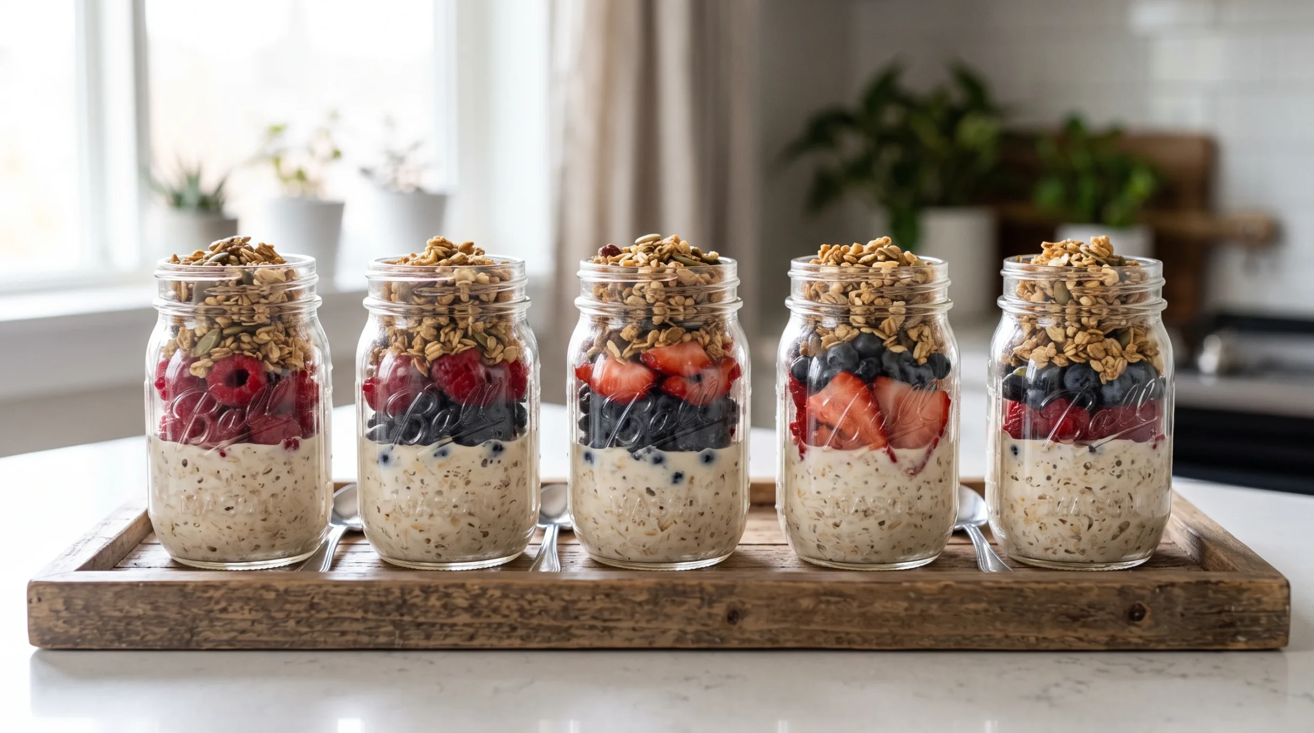 A row of mason jars filled with layered overnight oats, berries, and a dusting of granola, soft morning window light, a wooden tray beneath them, clean meal-prep style composition.