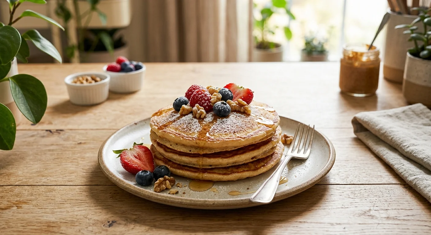 A short stack of golden protein pancakes topped with fresh berries and a light dusting of powdered sugar, warm natural light, a fork resting on the plate, close appetizing breakfast composition.