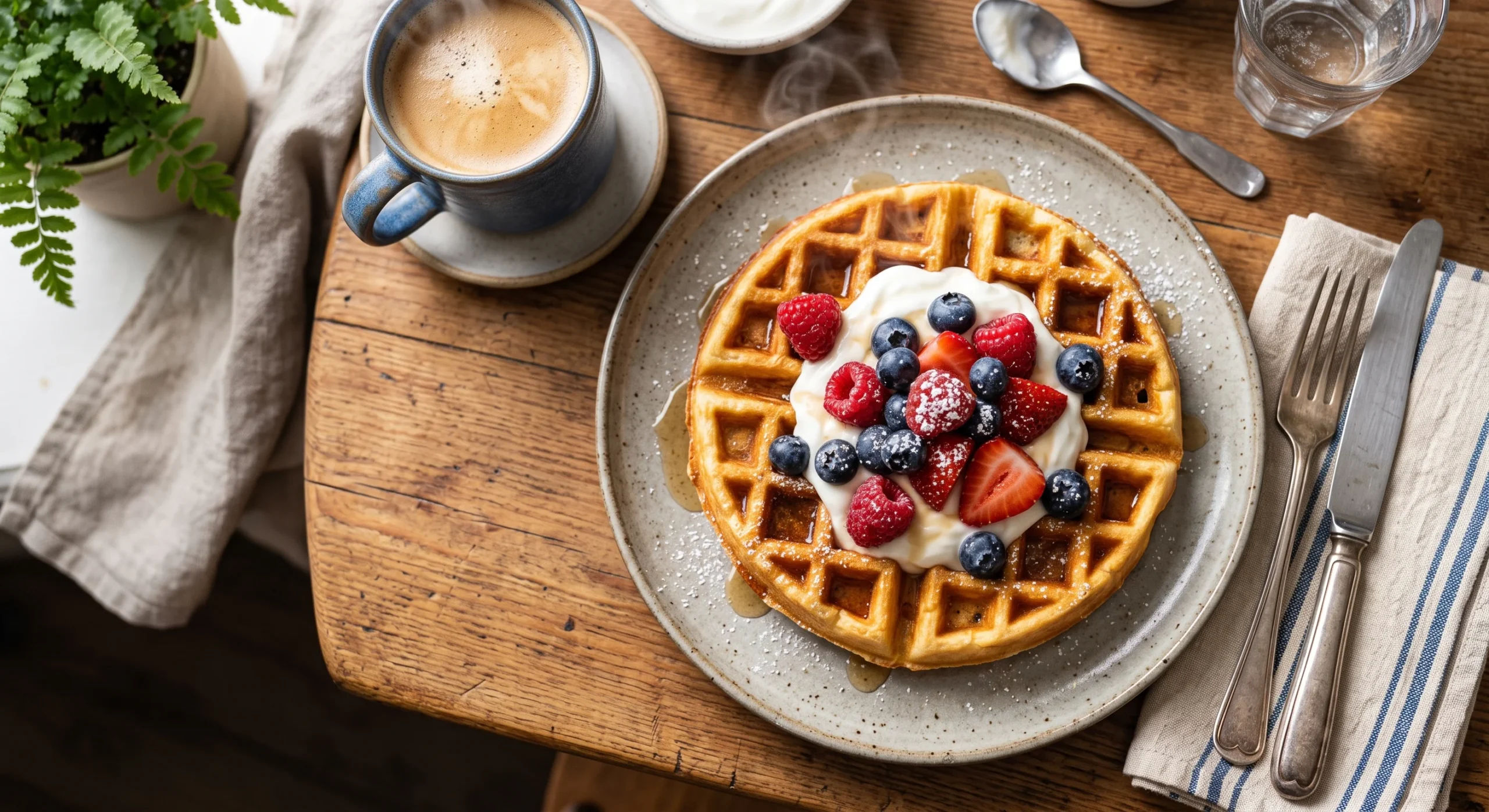A crisp golden waffle topped with a dollop of Greek yogurt and fresh berries, steam faintly rising, warm morning light, close appetizing overhead breakfast composition.