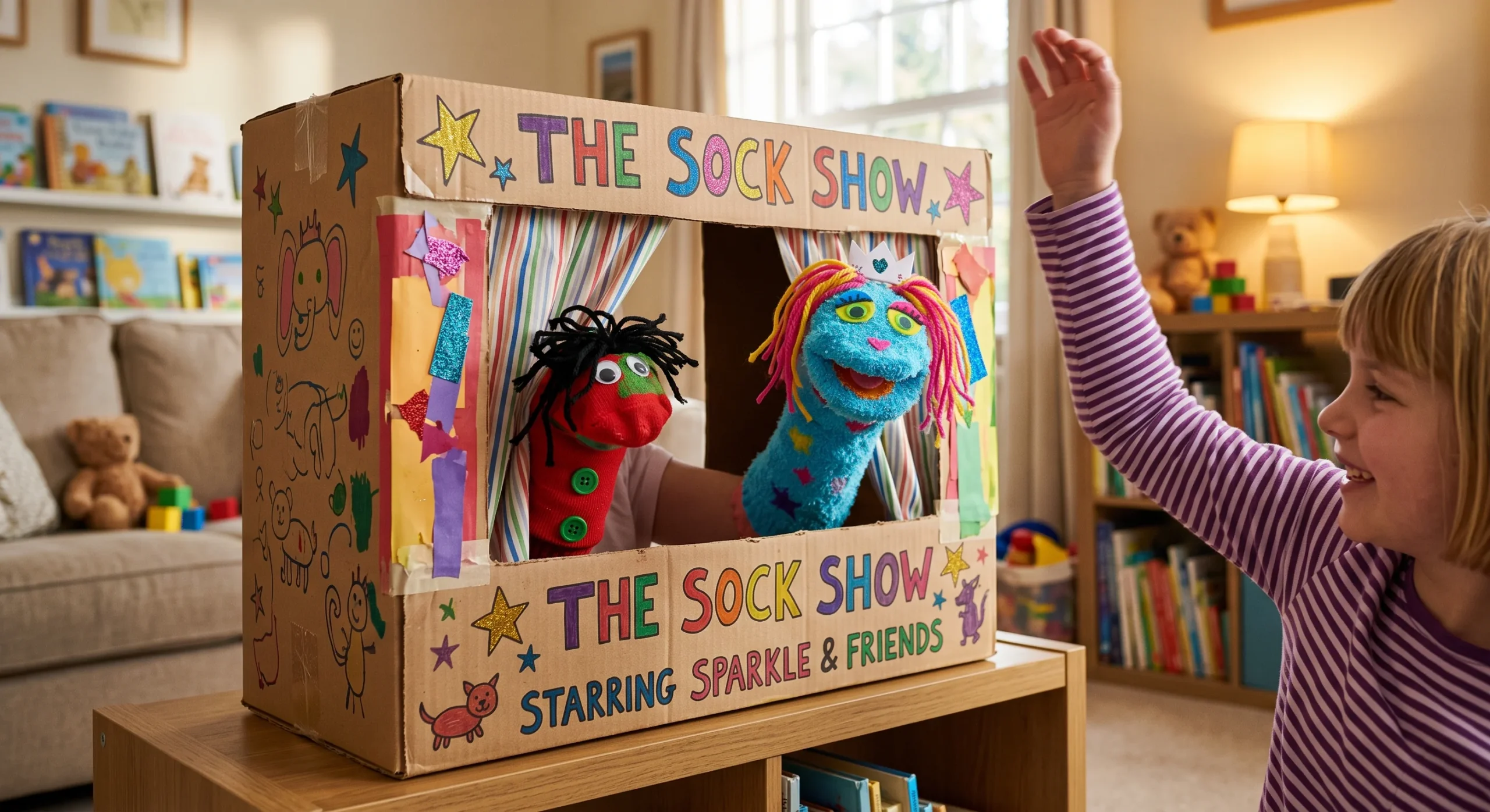 A simple sock puppet performance behind a cardboard box stage, a child's arm raised mid-performance, colorful hand-drawn puppet faces visible, warm living room light, close angled shot capturing the stage and puppet in motion.