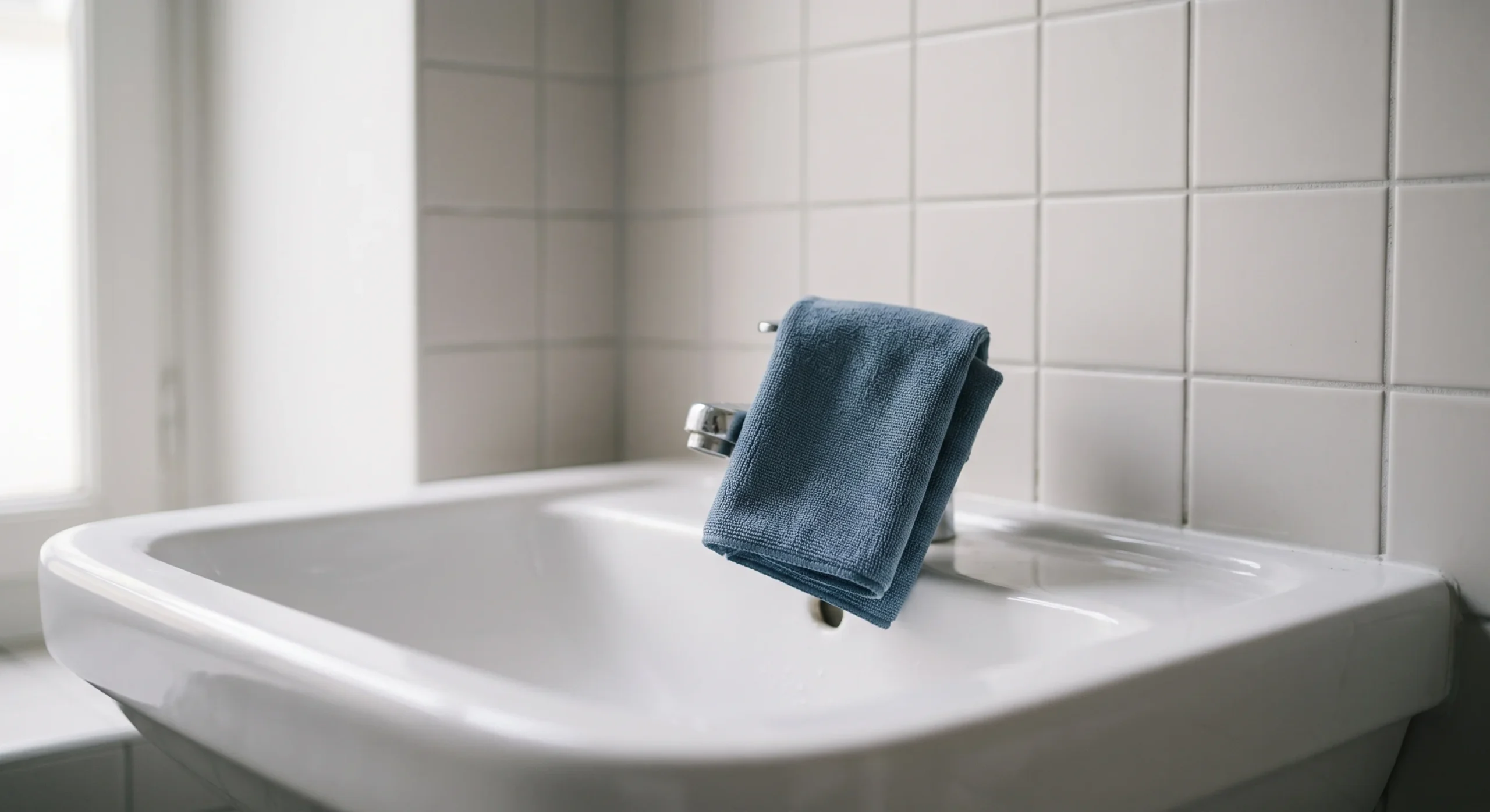 A compact folded microfiber travel towel hanging over the edge of a small hostel sink, soft morning bathroom light, minimal tiled background, close practical composition emphasizing the towel's small packed size.