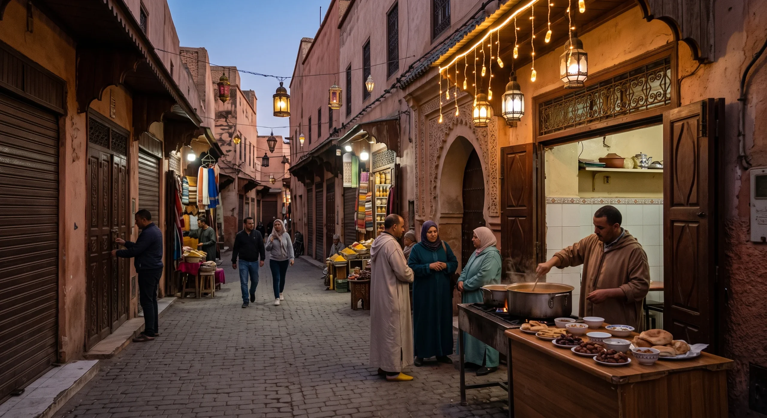 Quiet Moroccan street at dusk during Ramadan, shops beginning to reopen for the evening, warm string lights turning on above a street food stall preparing for iftar, soft golden hour transition light, documentary composition.