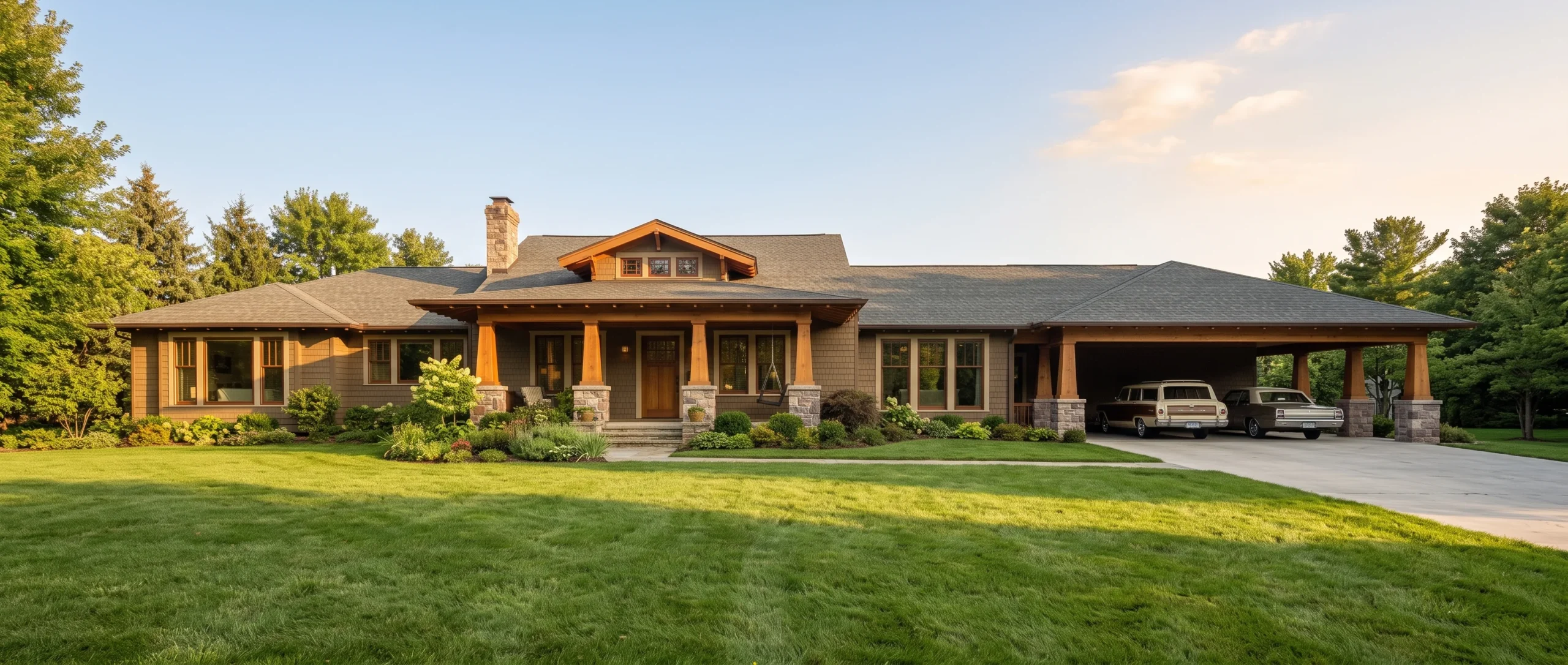 A long, single-story Ranch home with a low-pitched roof and an attached carport, large picture windows facing a wide front lawn, warm afternoon light, wide horizontal shot emphasizing the home's ground-hugging length.
