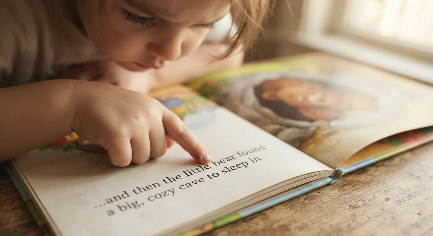 A child's finger tracing slowly under a line of text in an open picture book, brow slightly furrowed in concentration, soft afternoon window light, close overhead shot emphasizing the tracing finger and the printed words below it.